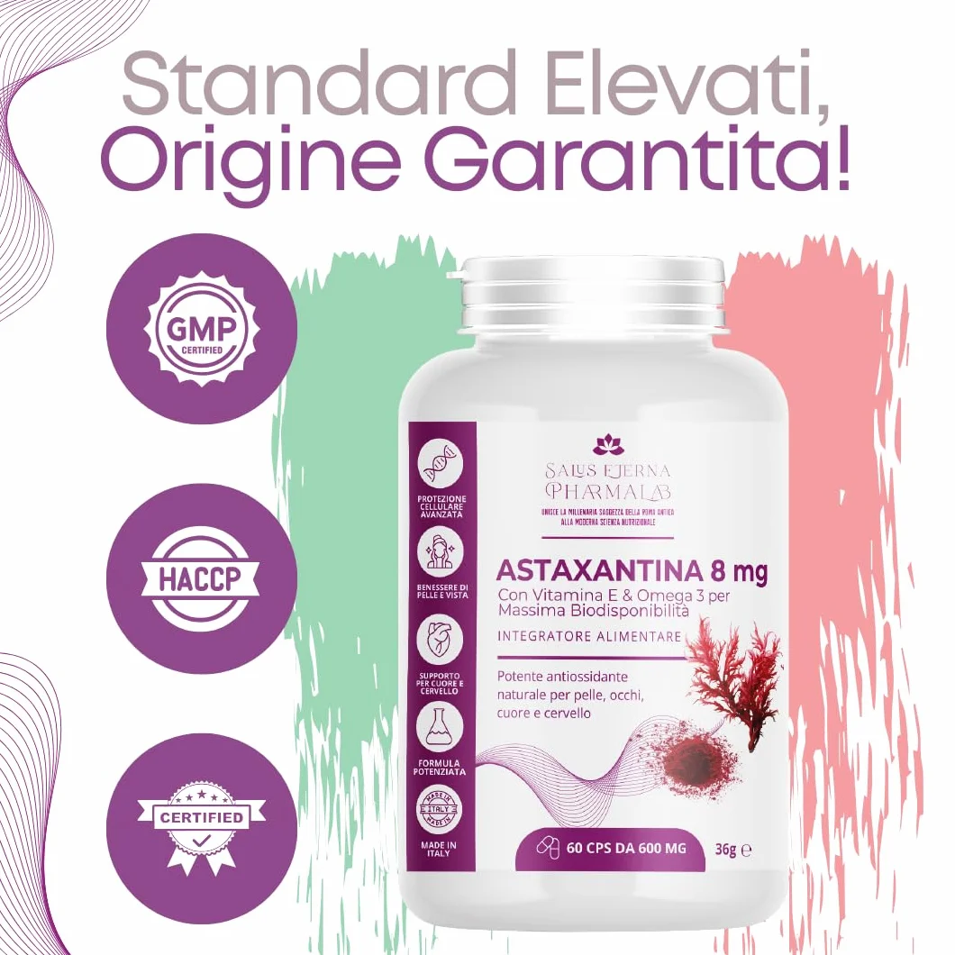 Salus Eterna Astaxantina 8mg 60 Capsule Integratore Antiossidante con Vitamina E e Omega 3