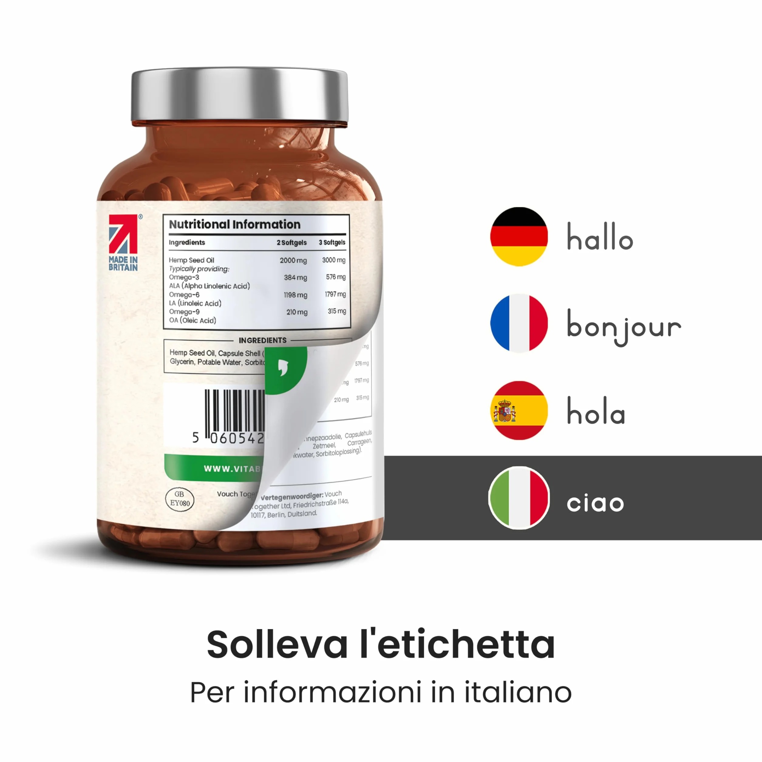 Olio di canapa in capsule 210 capsule 100% puro grani di canapa spremuti a freddo Ricco di Omega 3 6 9 VitaBright Hemp Seed Oil