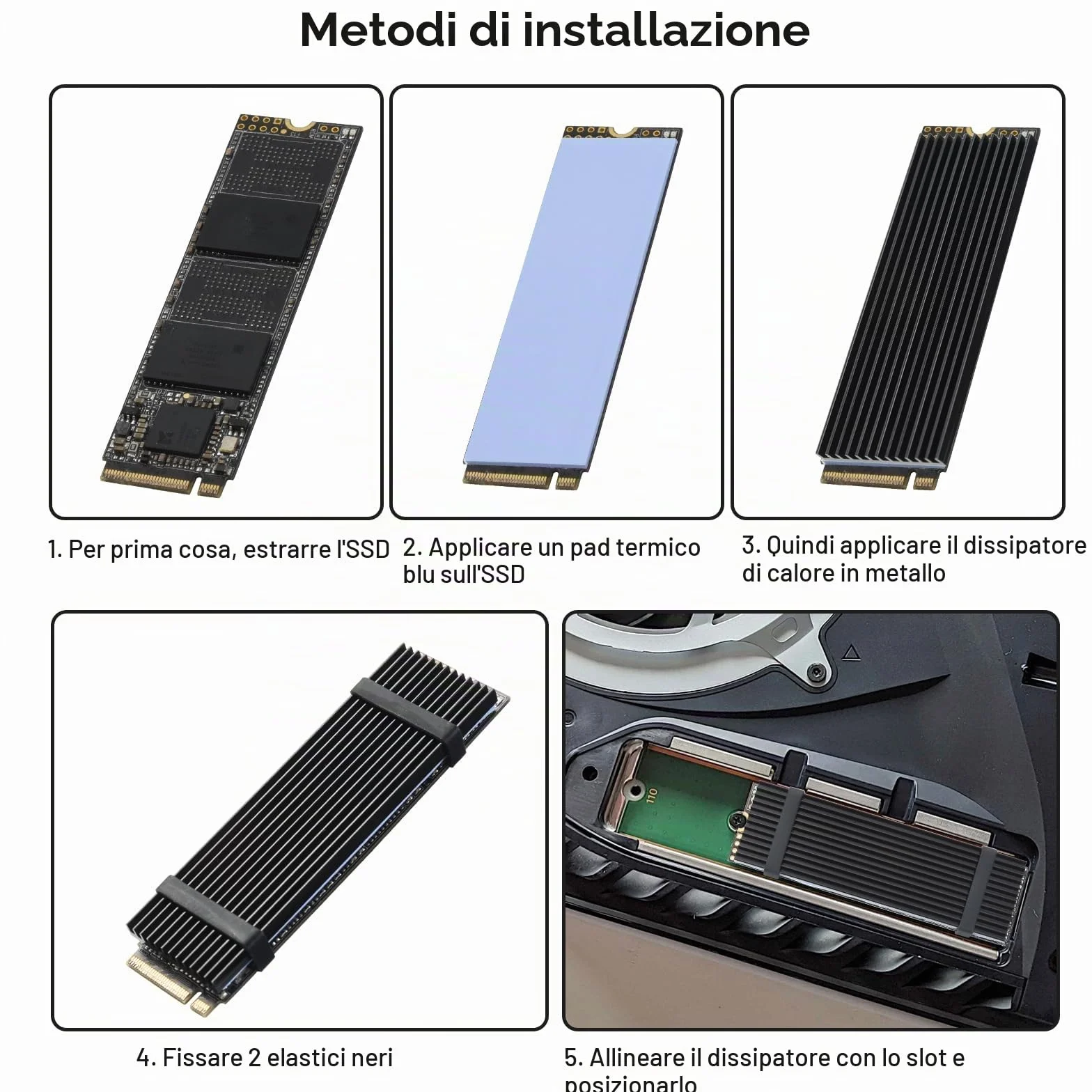 ELUTENG Dissipatore di Calore SSD M.2, 5 Pezzi M2 2280 NVMe SSD Hard Disk Alluminio Dissipatore di Calore con Cuscinetto Termico in Silicone e 10 Fascette in Gomma per PC PS5 M.2 PCIE NGFF Heat Sink
