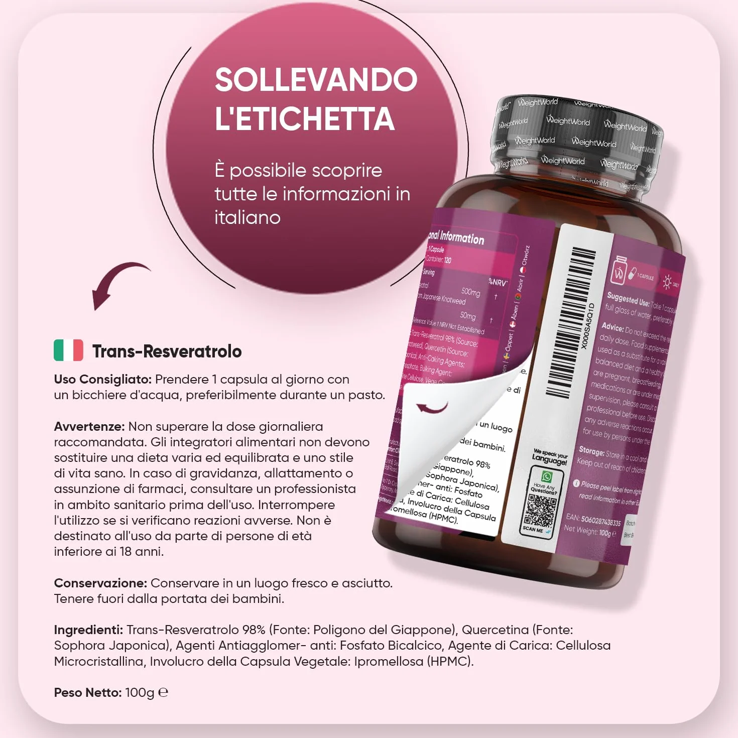 Resveratrolo con Quercetina, 120 Capsule Vegane, 550mg Trans Resveratrolo 98%