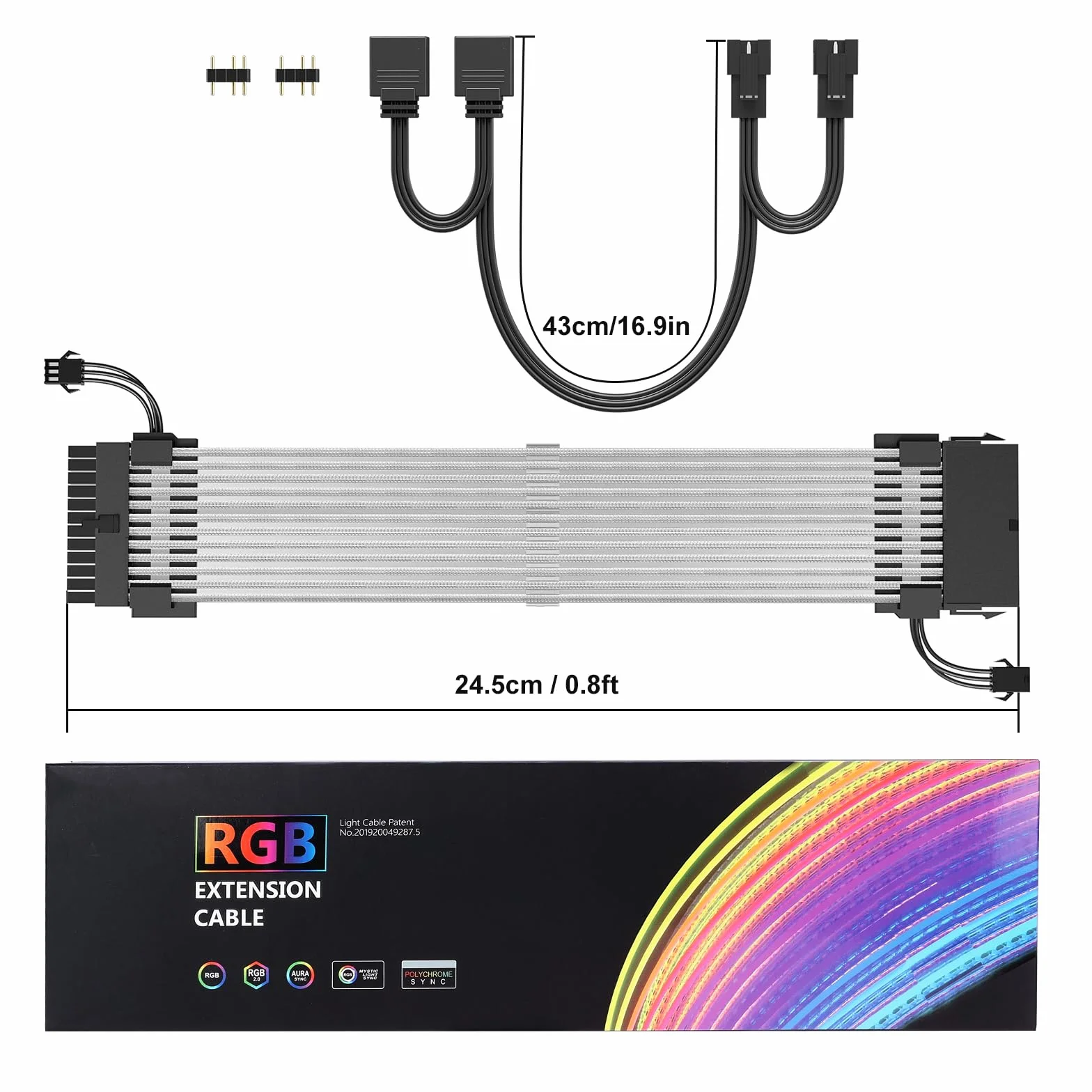 J&D Cavo Alimentatore RGB 24 Pin, Design a Nastro in Fibra Ottica con 24 LED, Cavo di Prolunga RGB Resistente per Connettore ARGB 5V 3 Pin, Cavo Intrecciato in Filo di Alluminio Bianco, 24,5 cm