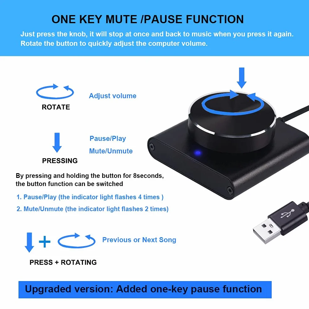 Manopola di Controllo del Volume USB con Funzione Muto/Pausa per Computer, Controller Audio Nero