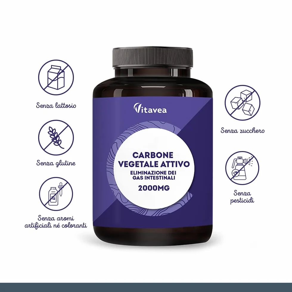Carbone Vegetale Attivo 2000 mg 240 Capsule Vegetali Detox Naturale Pancia Gonfia