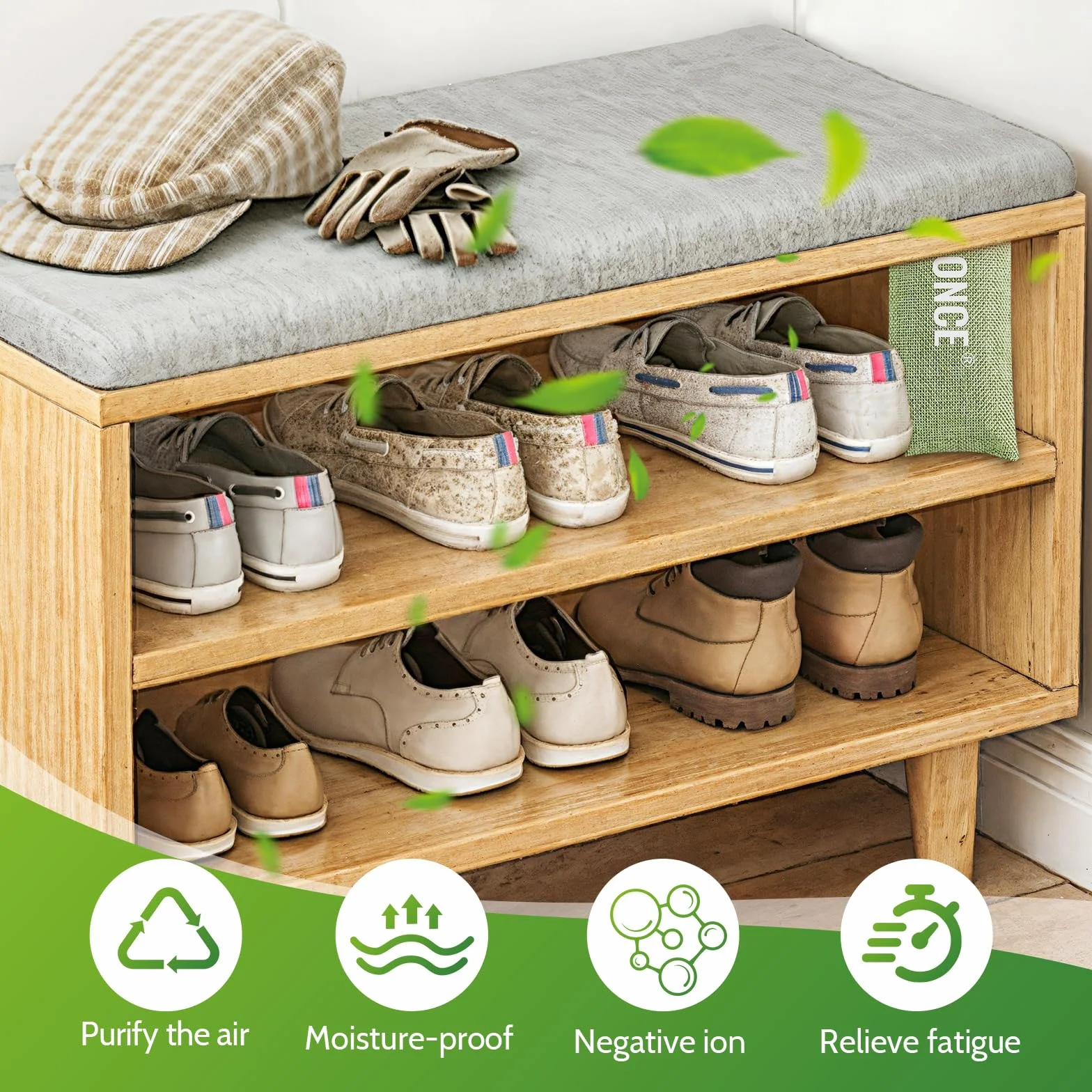 Assorbitore Di Odori Carbone Attivo 4 Pack, Sacco Deodorante Carbone Attivo Bambù per Scarpe da Ginnastica, Purificazione Aria (Verde)