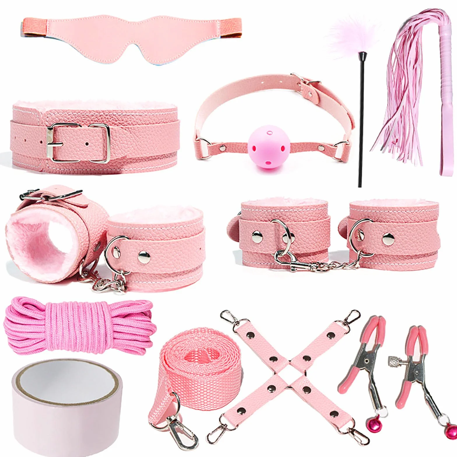 Kit Bondage 11 pezzi Giocattoli sessuali per coppie con manette Frusta Morsetti Gag Plug Set (Pink)