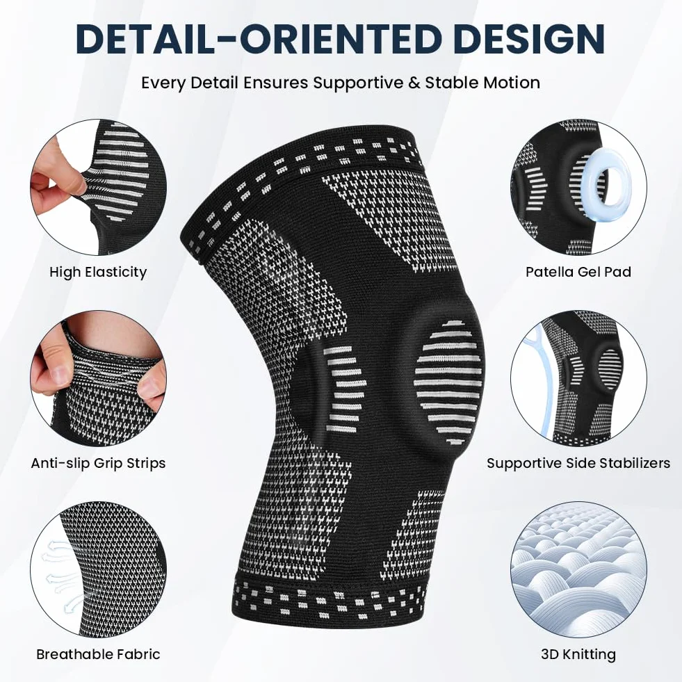 Tutore Ginocchio Ortopedico con Stabilizzatori Laterali e Patella Gel Pad, Compressione Antiscivolo per Corsa, Lesioni Menisco, Artrite