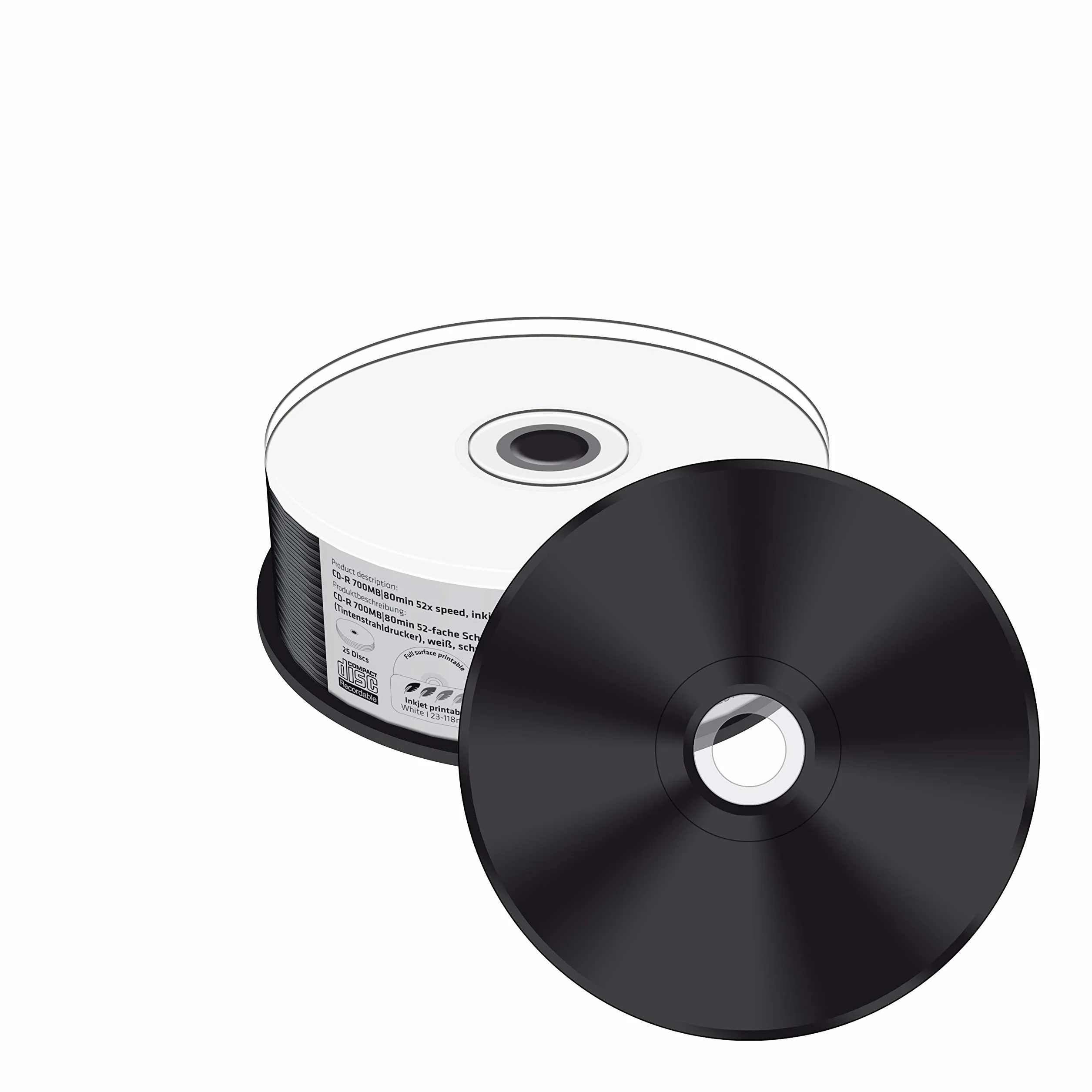 CD-R 700 MB - Velocità di scrittura 52 volte - Stampabile su tutta la superficie (stampante a getto d'inchiostro), pagina di scrittura nera, scatola per torta da 25