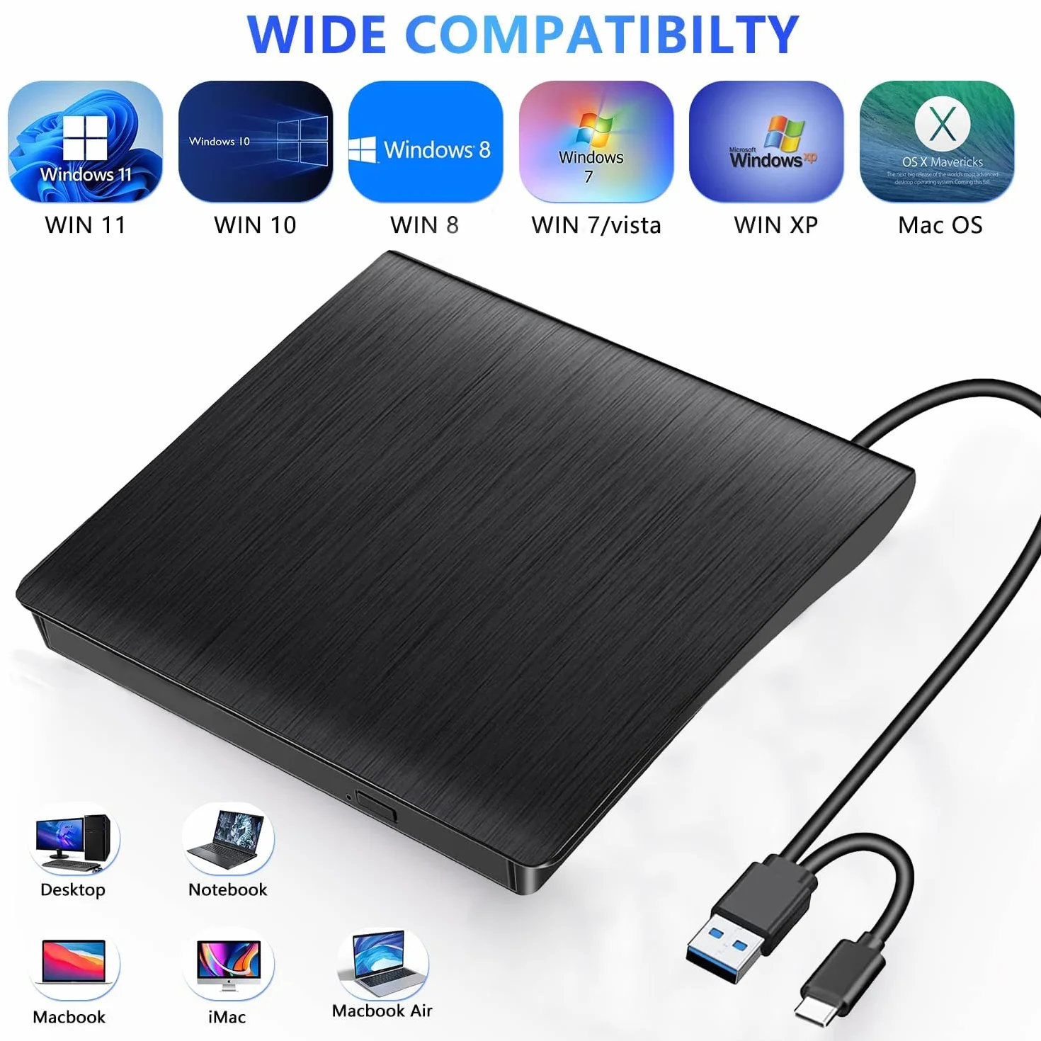 XIAOXIN Masterizzatore DVD Esterno, Lettore CD Esterno per Portatile Unità Esterna USB 3.0 DVD-R CD-RW Drive Dispositivo Ultra Slim Per Laptop Windows 98/ME/ 2000/XP/Vista/7/8/10/11 Mac Linux