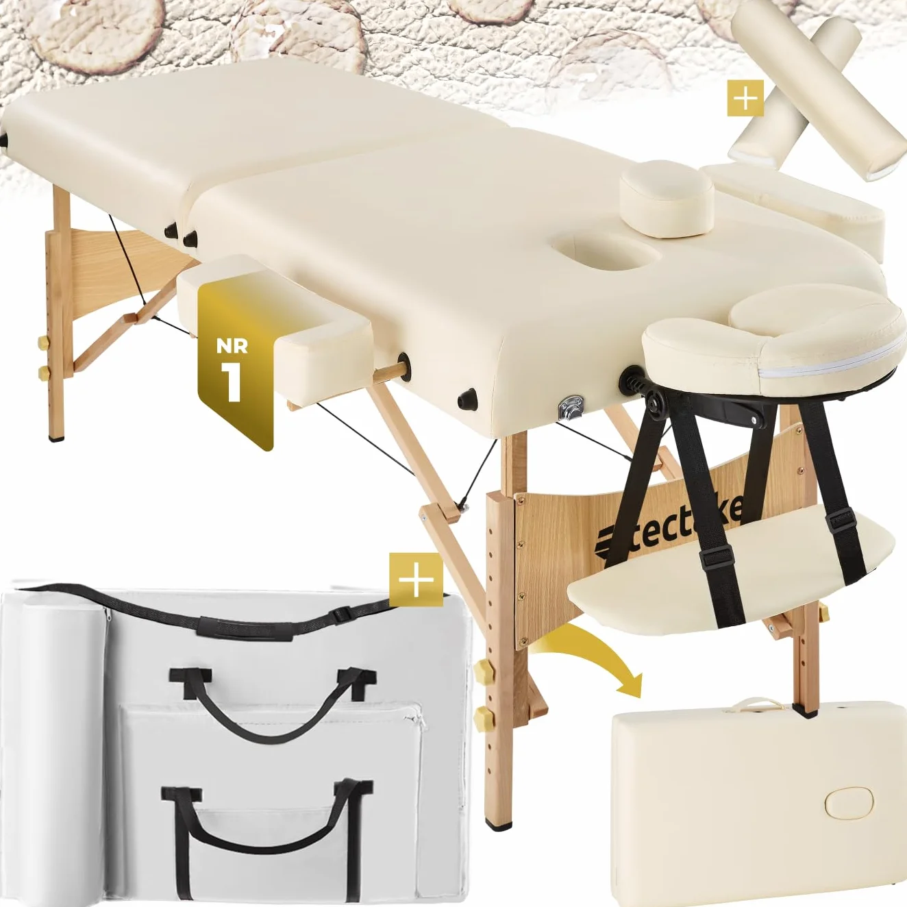tectake Set Lettino Massaggio a 2 Zone con Rulli Portatile Pieghevole 7,5 cm Beige