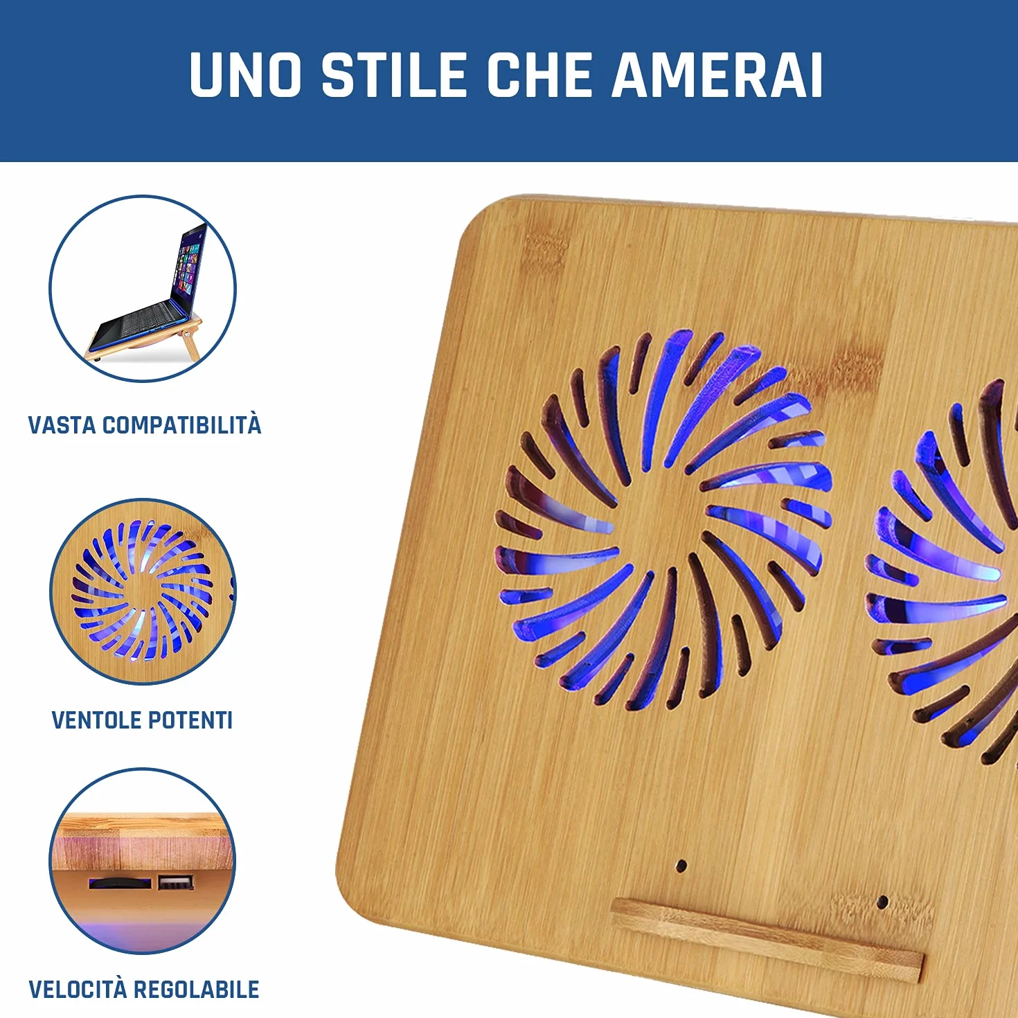 KLIM Base di raffreddamento per laptop in bambù ventole regolabili 10-15,6" porta USB