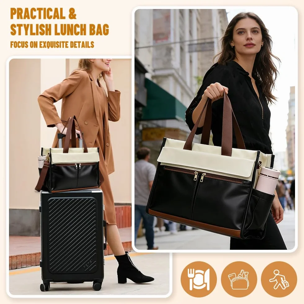 Newou - Borsa per il pranzo da donna, 15,6 pollici, con scomparto per il pranzo isolato, 2 in 1, con scomparto frigorifero, impermeabile, per ufficio, scuola, insegnante, regalo (bianco e nero