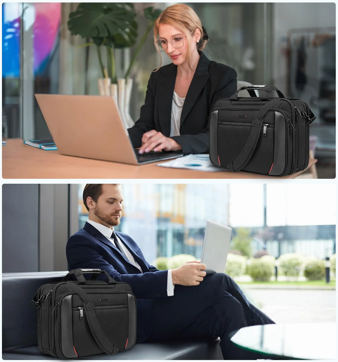 EMPSIGN Custodia per PC cartella, borsa porta PC 17,3 pollici espandibile a tracolla per uomo e donna idrorepellente, borsa a tracolla con protezione RFID in tela per lavoro e viaggio d’affari