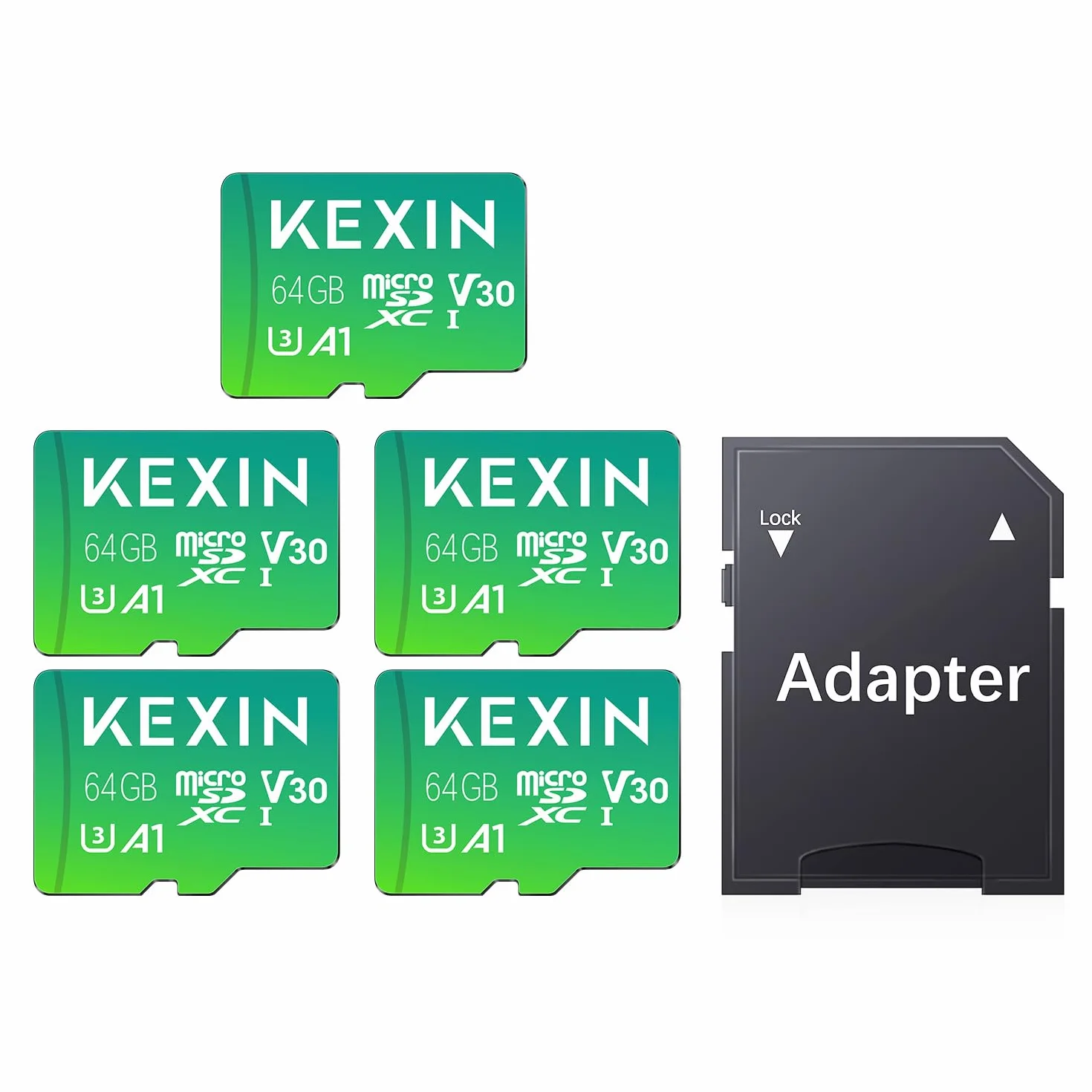 KEXIN Micro SD 64 GB, Scheda Micro SD con Adattatore SD Scheda di Memoria microSDXC 64GB, A1, U3, C10, V30, Micro SD Card TF Scheda confezione da 5