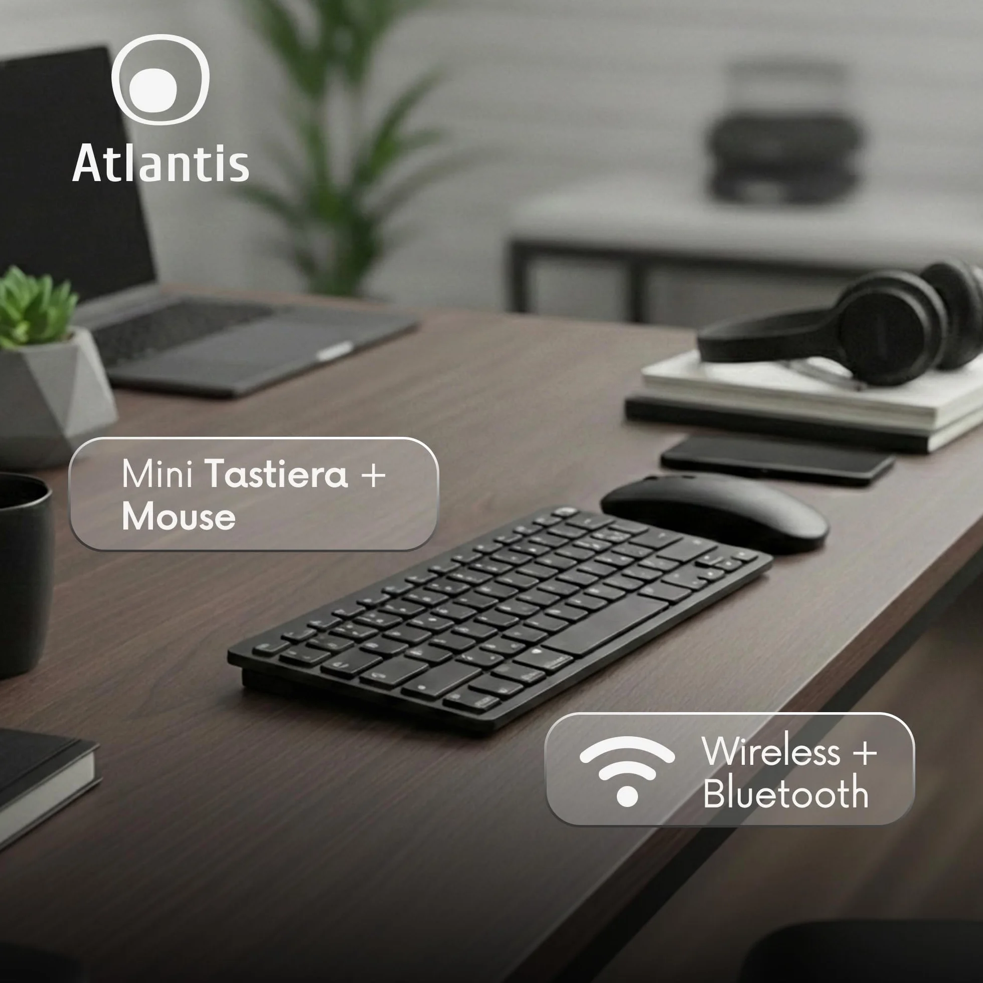 Atlantis ARGO 900Pro Combo KIT Mini Tastiera Ultraslim + Mouse - Wireless senza fili RF + Bluetooth, QWERTY 78 tasti “chocolate key”, per PC/Notebook/Smartphone/Tablet/iOS/Android, Nero