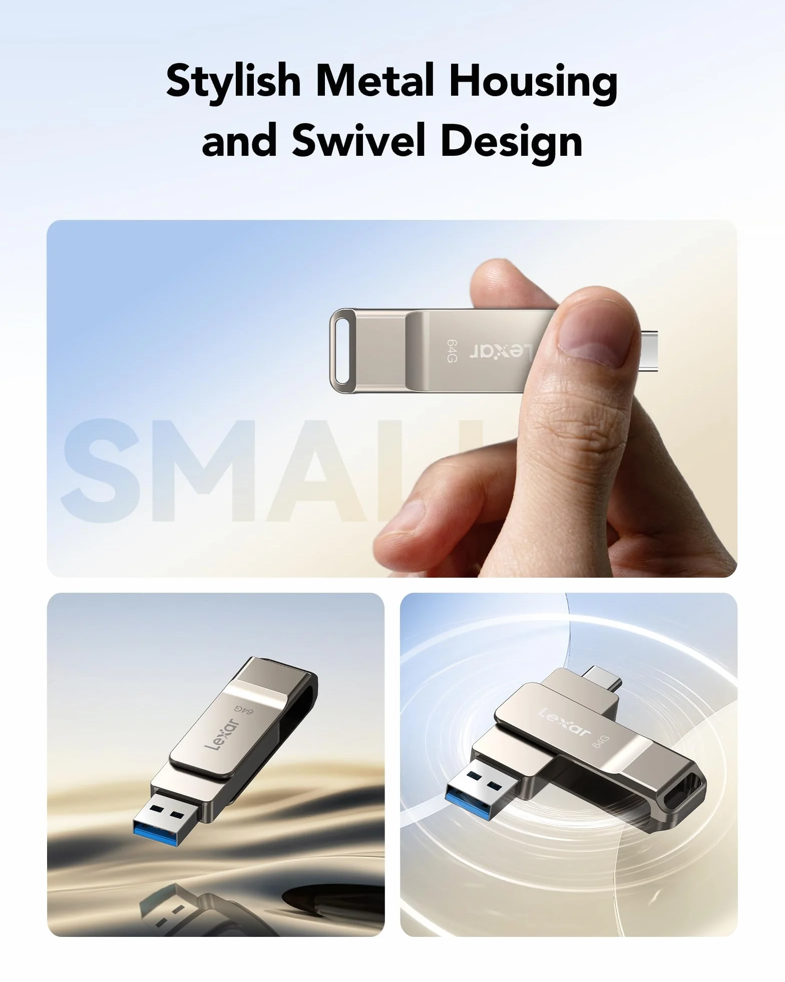 Lexar D40E 64 GB Dual Drive USB 3.2 Gen 1 Type-C Jump Drive, unità flash USB-C in metallo, design girevole, Champagne Argento