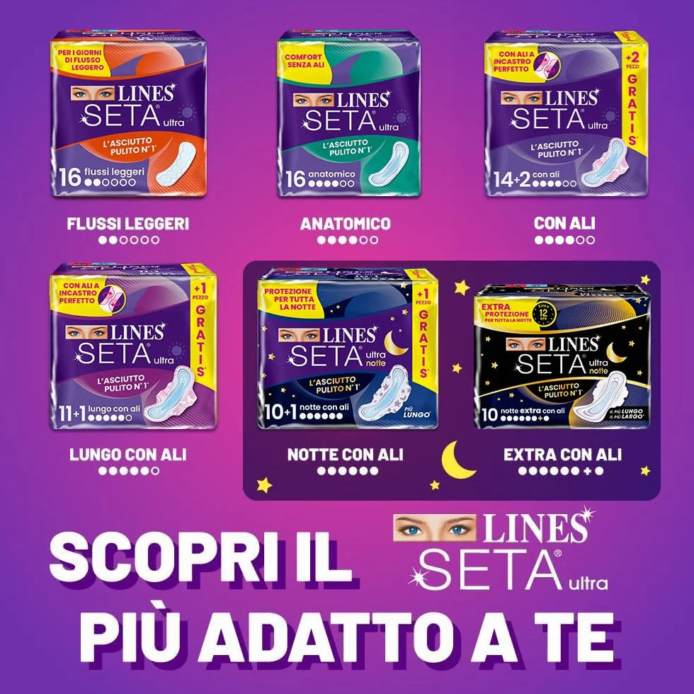 LINES SETA ULTRA NOTTE con ali, 64 assorbenti per ciclo mestruale, protezione notte, ipoallergenico, super assorbente
