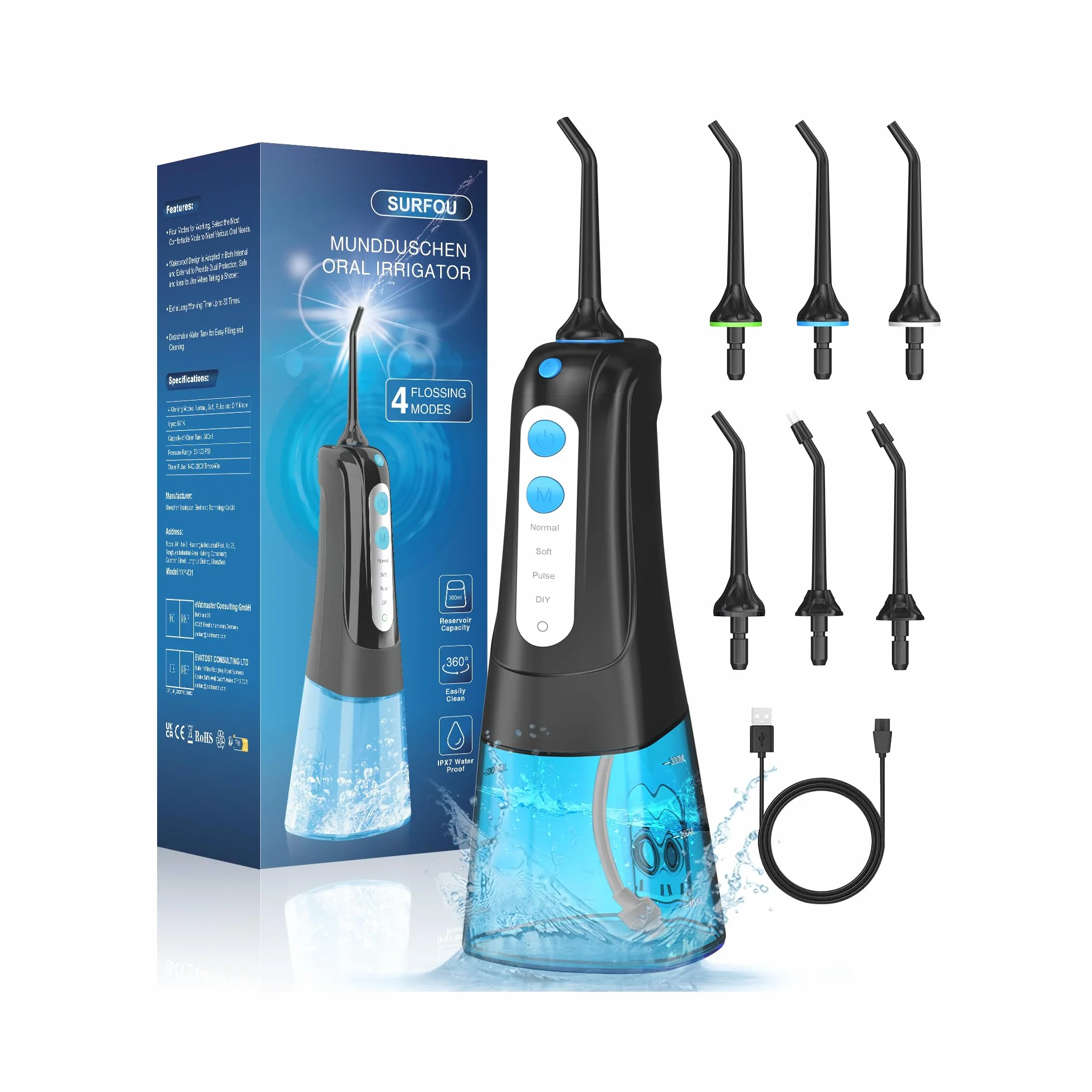 SURFOU Idropulsore Dentale Portatile Elettrico Water Flosser Irrigatore Orale con Pulitore Getto Acqua