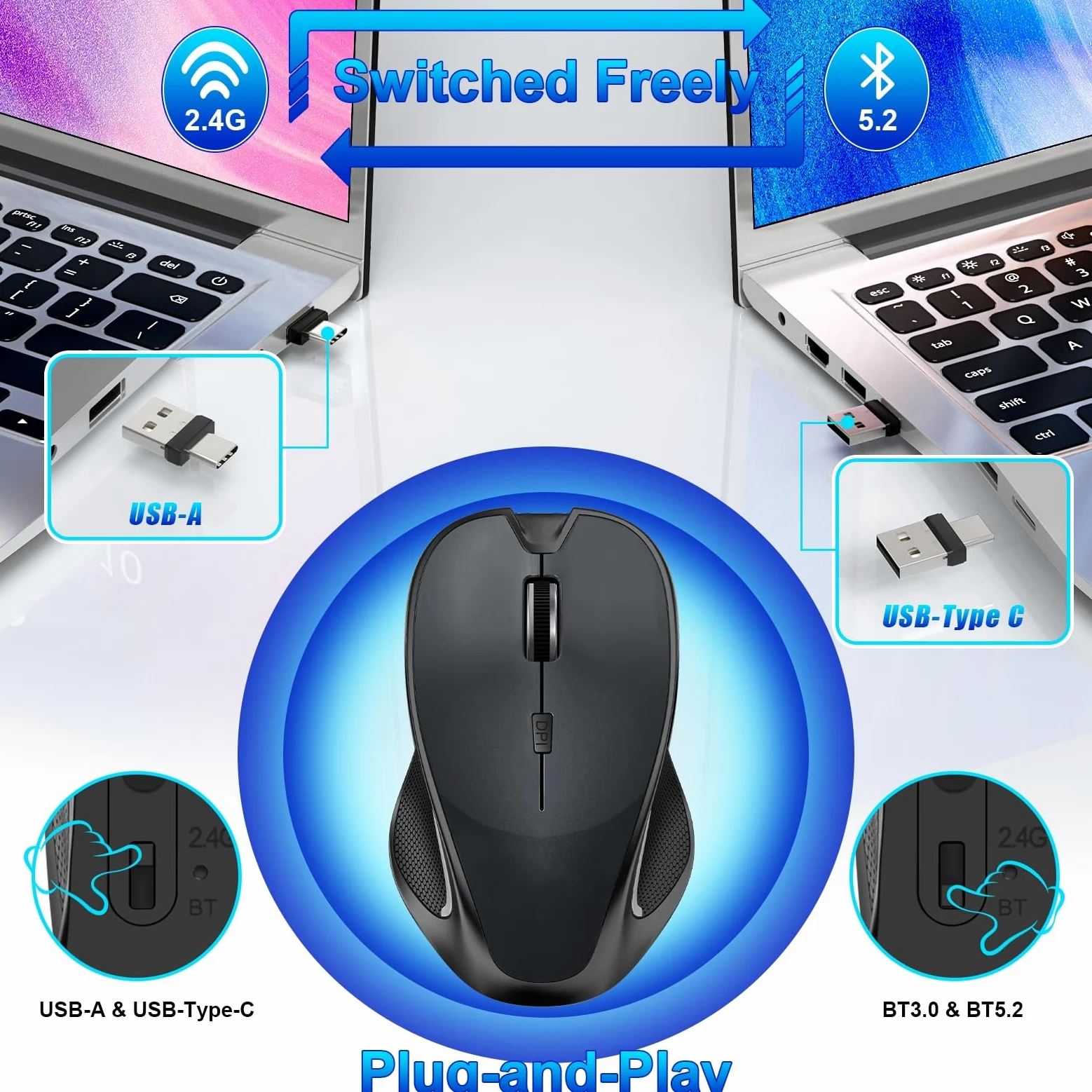 Mouse per MacBook Bluetooth Wireless Mouse Laptop MacBook Air Mac Pro Silenzioso Ricaricabile PC iPad Mouse Ottico con Jiggler Dual Mode Switch Bluetooth 5.2/3.0 e 2.4GHz USB Type-C Receiver SILVERY