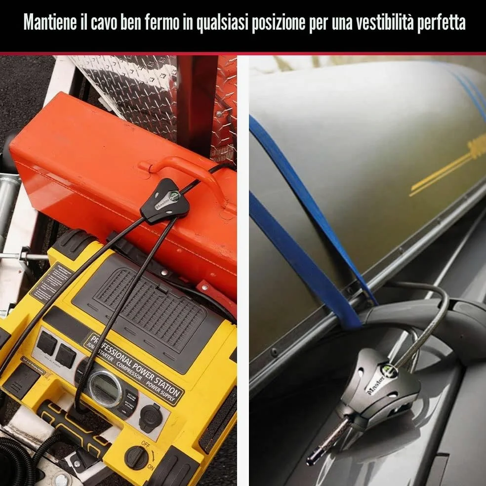 Master Lock, Lucchetto per bici con cavo nero e chiave, cavo regolabile in metallo con rivestimento in vinile, resistente alle intemperie, per attrezzature da esterno, biciclette, telecamere trail,