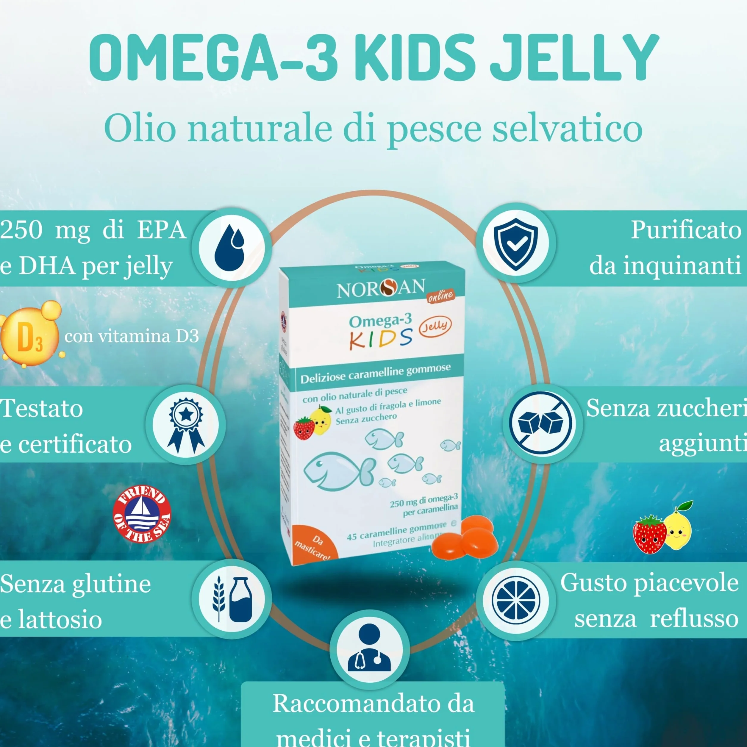 NORSAN Omega 3 bambini FISK Jelly 45 caramelline masticabili alla frutta con olio di pesce EPA DHA Vitamina D