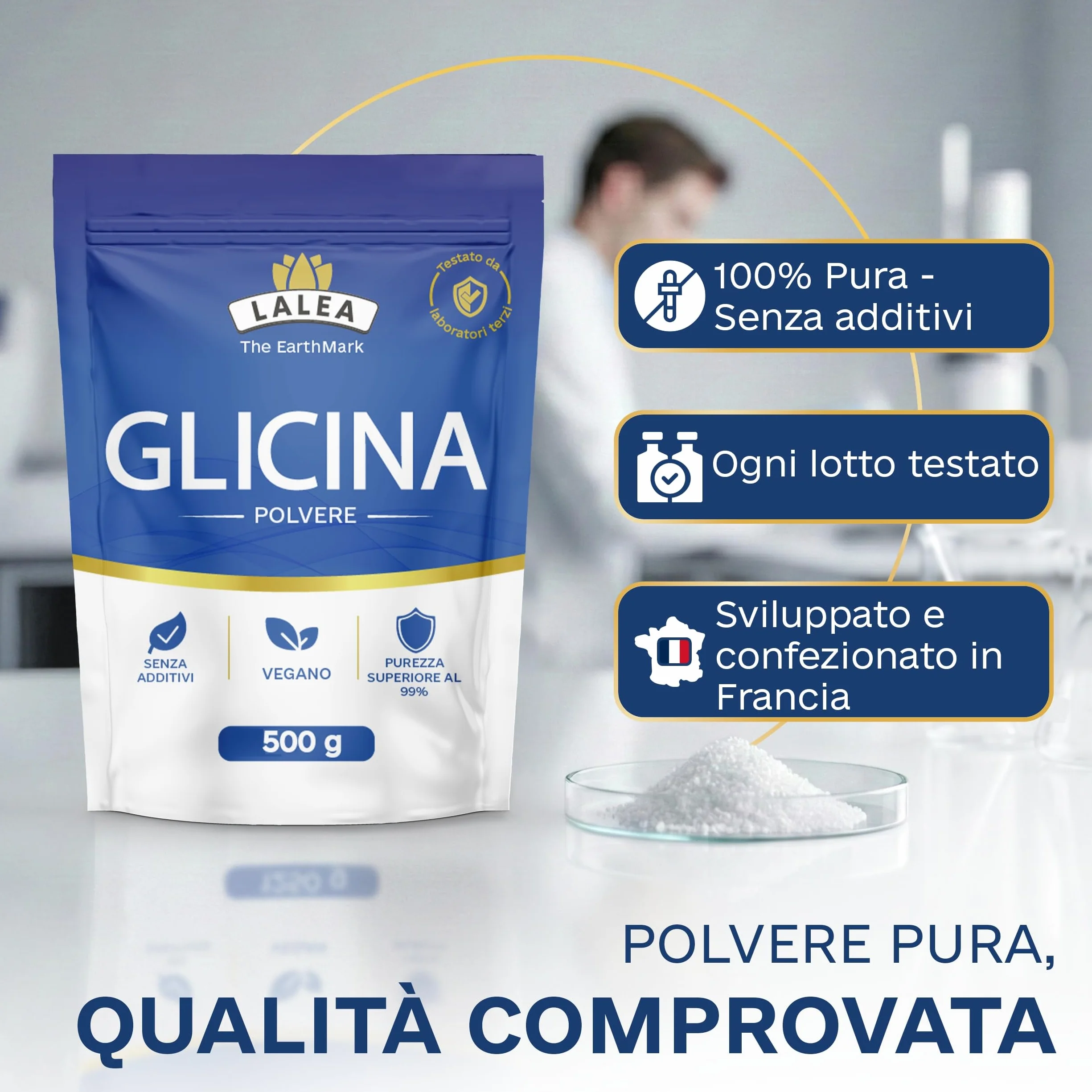 LALEA Glicina Polvere 500g – Amminoacido Glicina Pura al 100% – Componente del Collagene – Vegano, Senza Additivi – Supporta Sonno, Articolazioni e Pelle