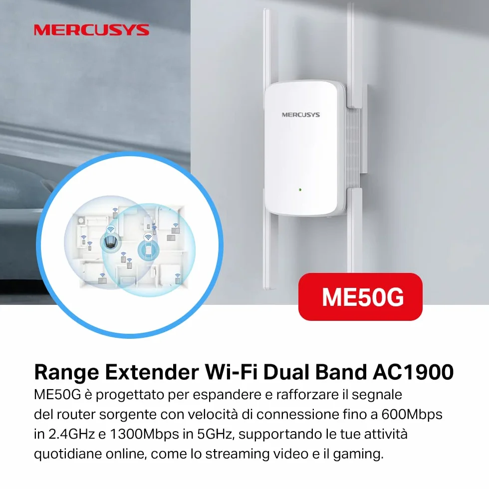 TP-Link Ripetitore Wi-Fi Dual-Band AC1900Mbps, Porta Gigabit, WiFi Extender e Access Point, Amplificatore Segnale Wi-Fi, Compatibile con Modem Router, Mercusys ME50G
