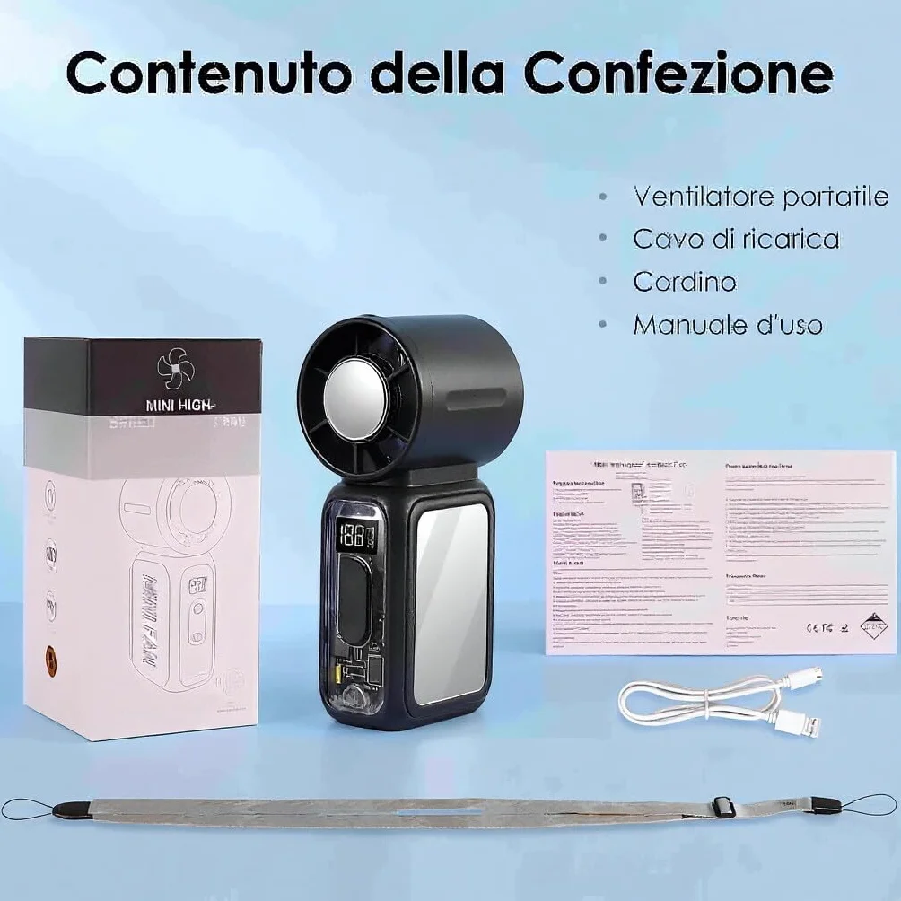 Mini Ventilatore Portatile USB Ricaricabile con Raffreddamento a Ghiaccio & 199 Velocità, Ventilatori Portatili LED - 3600mAh, Potente Ventilatore a Mano 17000 RPM, per Viso, Viaggio, Esterno (Nero)