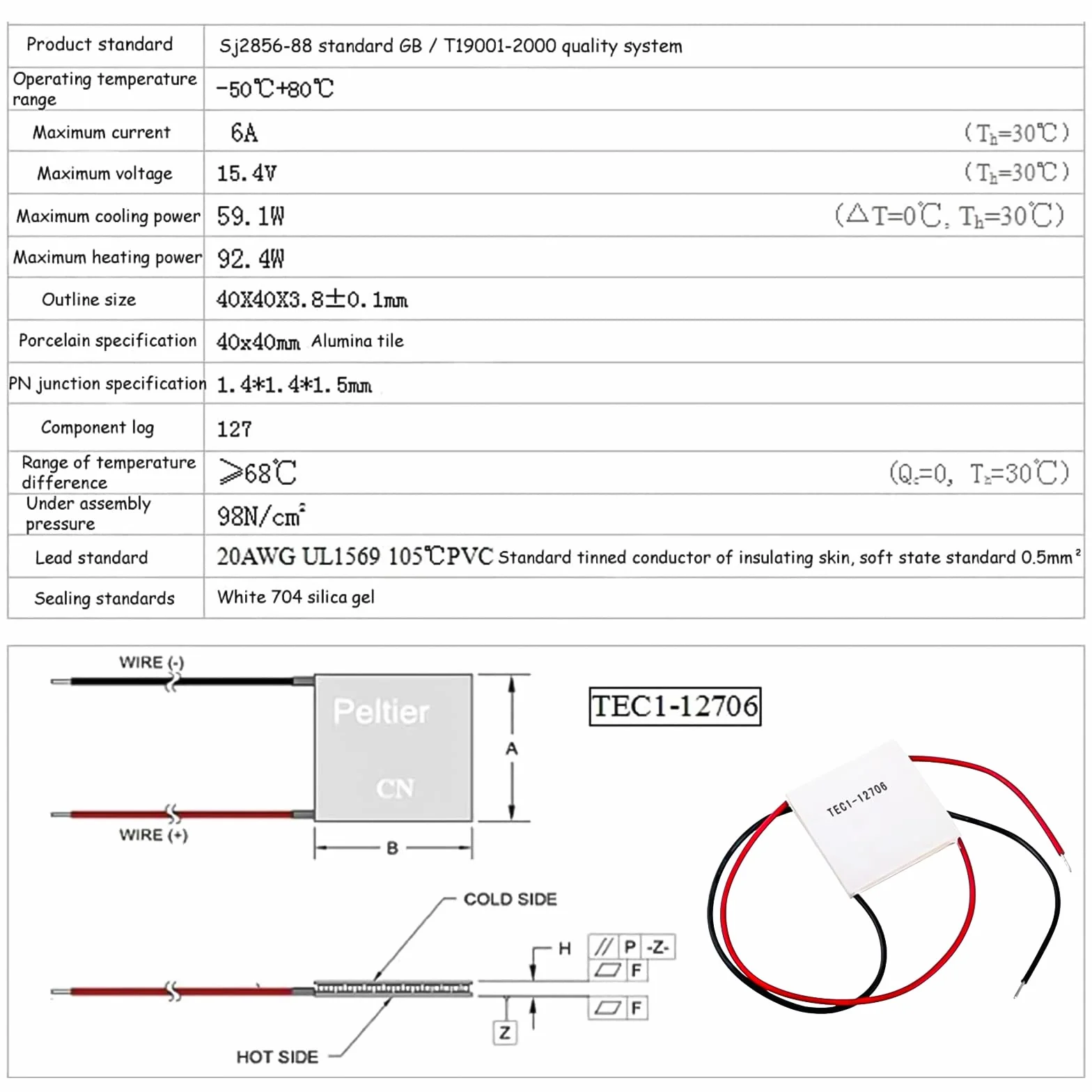 2 pezzi TEC1-12706 Dispositivo di raffreddamento termoelettrico TEC1-12706 Compresse di refrigerazione a semiconduttore Piastra del dissipatore di calore Peltier (40x40MM)