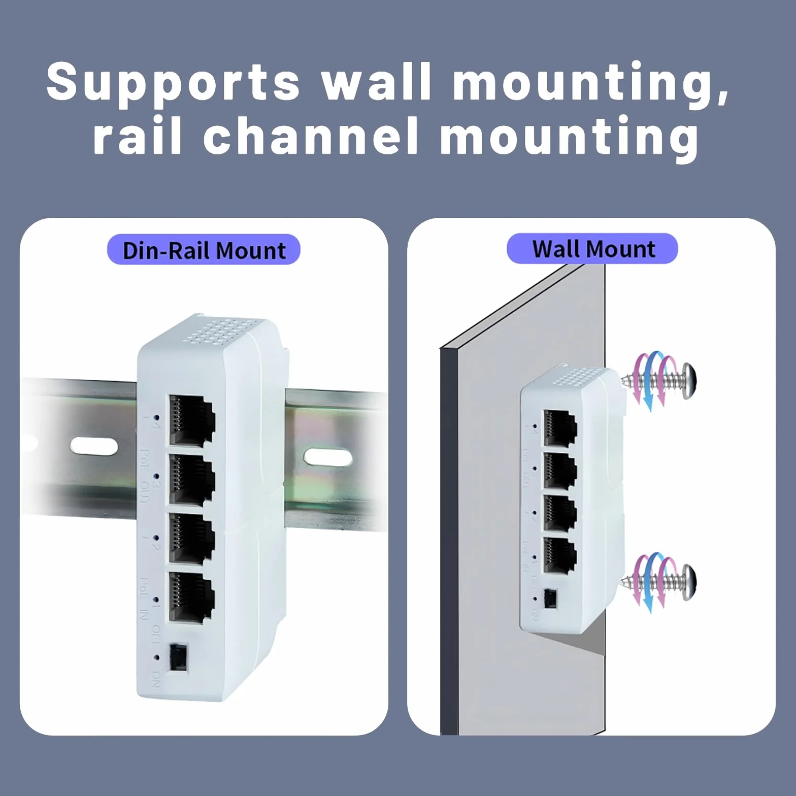 Extender PoE a 4 porte 1 in 3 Out-IEEE 802.3af/at, 30 W in uscita 24 W Ripetitore PoE 10/100 Mbps, Vlan ed estensione fino a 250 m, rilevamento automatico PD, Din-Rail e montaggio a parete