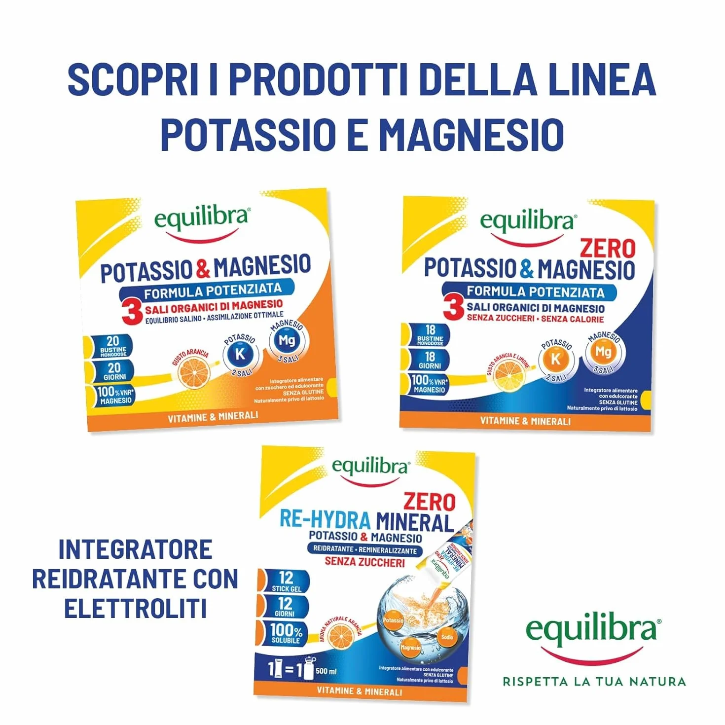 Equilibra Potassio e Magnesio Integratore Re-Hydra Mineral Zero 12 Stick Gusto Arancia Senza Zuccheri