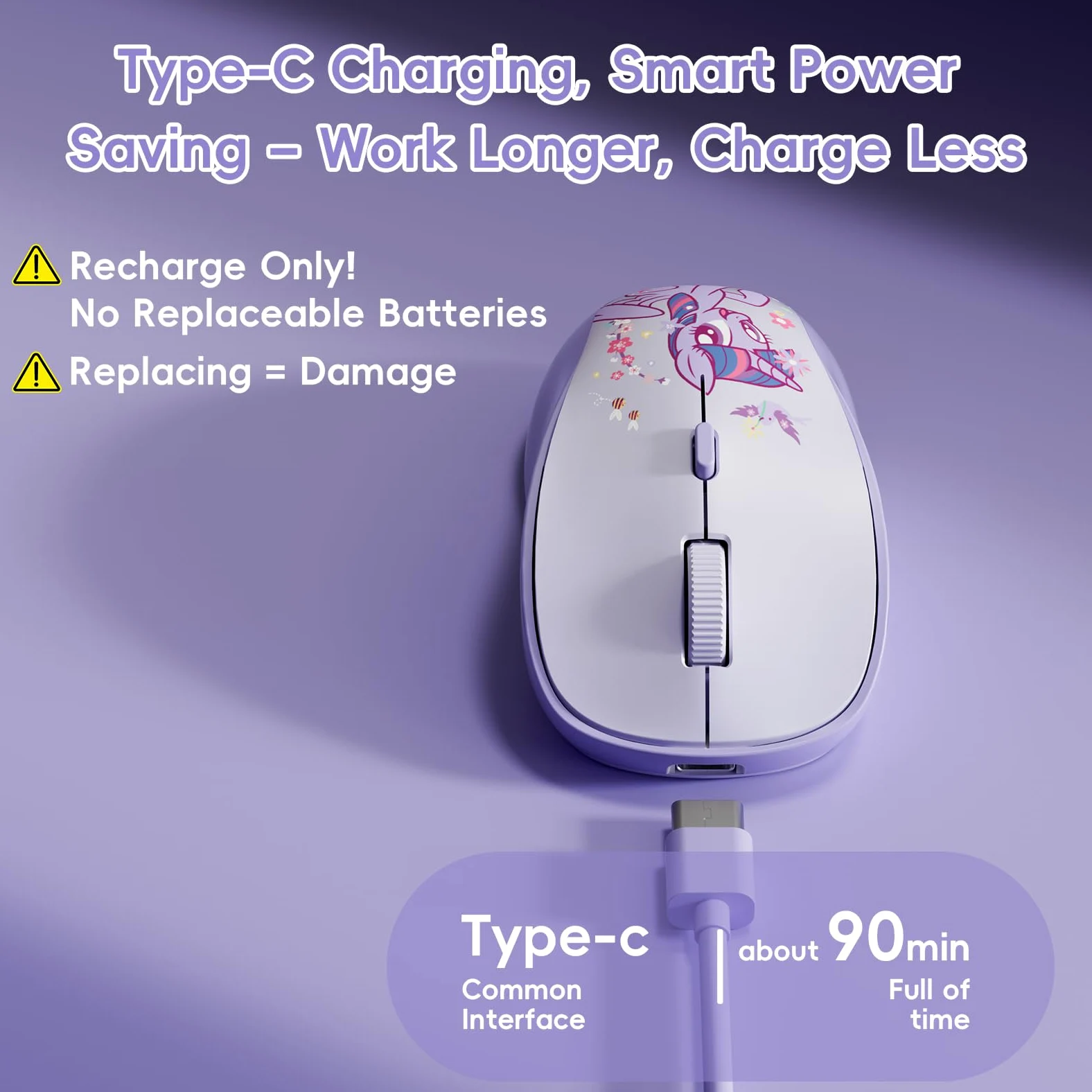 My Little Pony Twilight Sparkle Mouse wireless – Mouse silenzioso a 4 pulsanti con 3 DPI regolabili (1000/1200/1600), 2,4 GHz wireless per Windows/Mac, design compatto ed ergonomico, viola