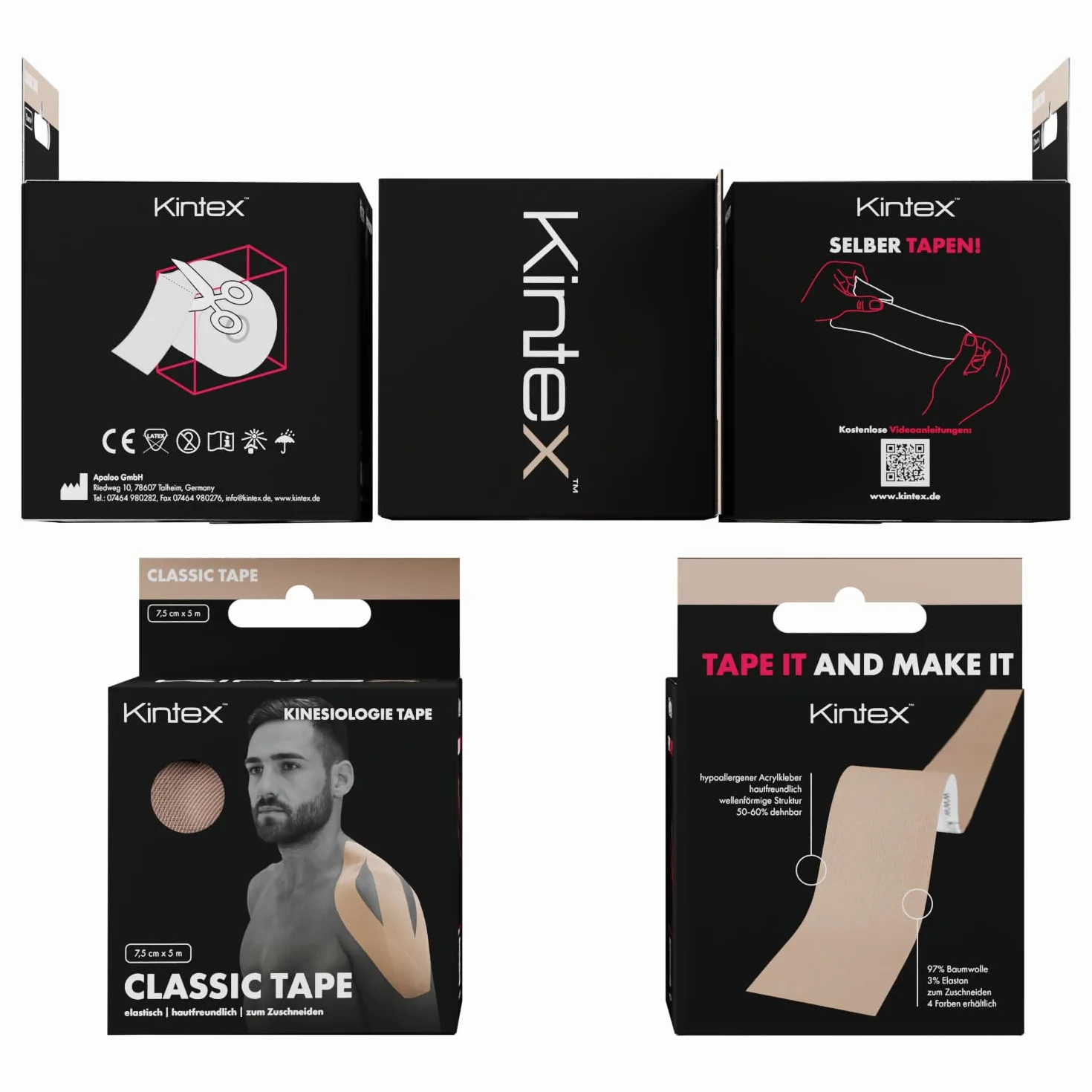 Kintex Kinesiology Tape Classic, 7,5 cm x 5 m, Nastro Extra Largo, Impermeabile, per Sport e Fisioterapia