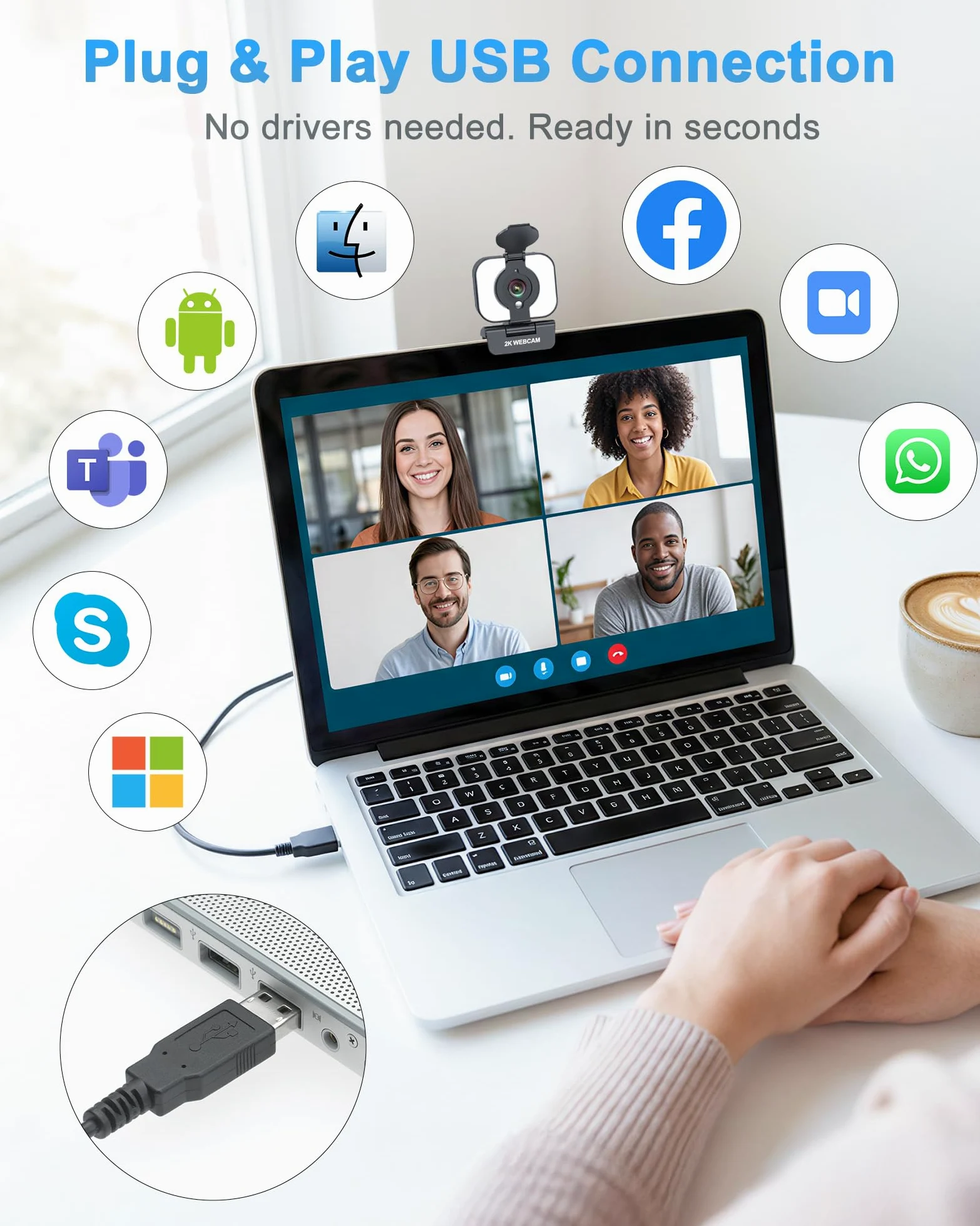 Atatat Webcam 2K per PC con luce, microfono, copertura privacy | Telecamera Web autofocus per desktop/laptop/monitor/Mac, fotocamera per Zoom/Skype/team/videochiamate/riunioni