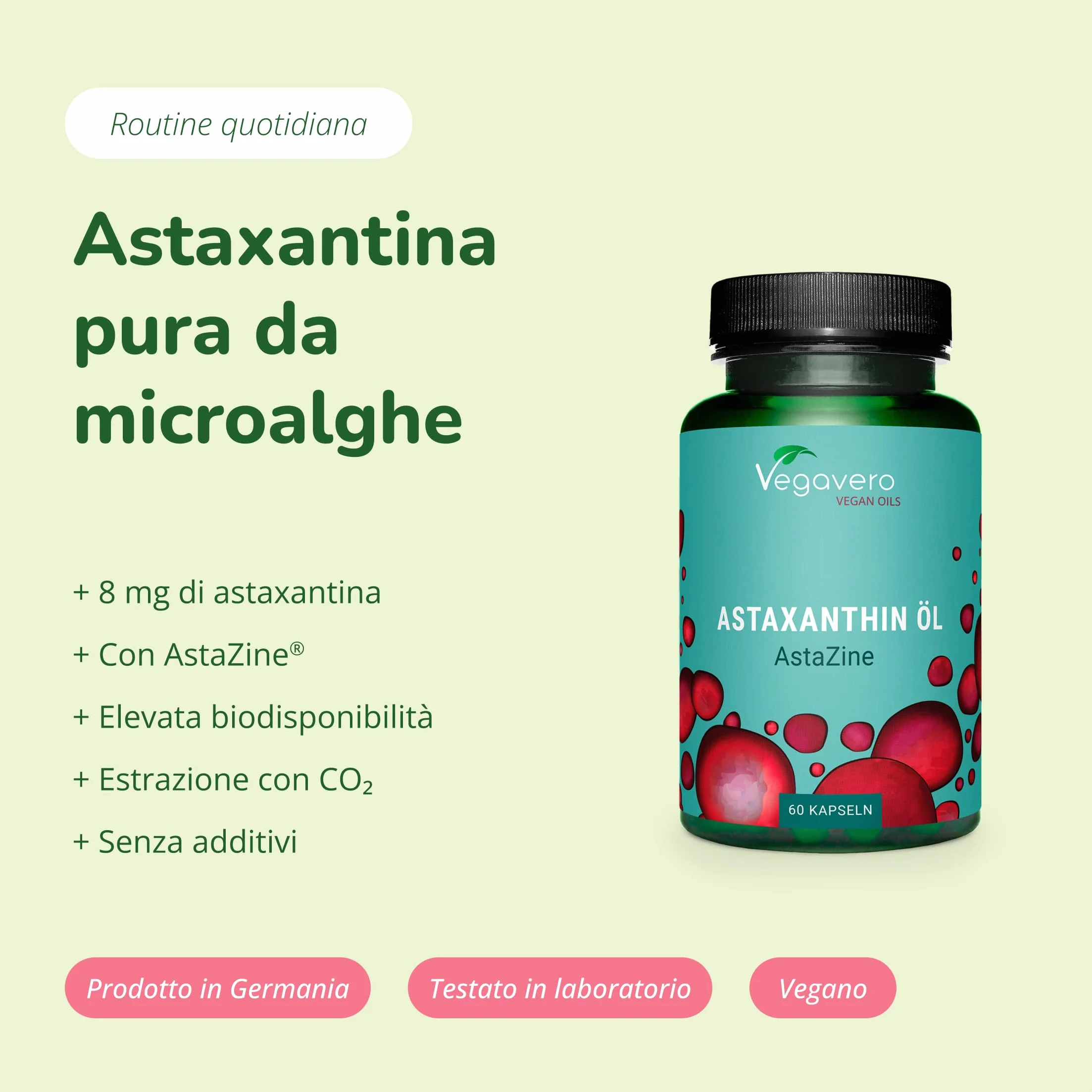 Vegavero® Astaxantina Naturale 160 mg Haematococcus Pluvialis 5% Astaxanthin Pura AstaZine® Integratore Antiossidante