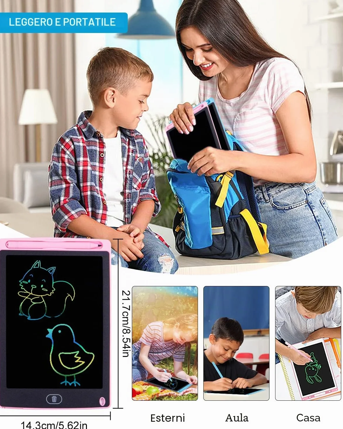 Tavoletta Grafica Bambini LCD 8,5 Pollici Display Colorato Cancellabile con Pulsante Elimina e Blocco