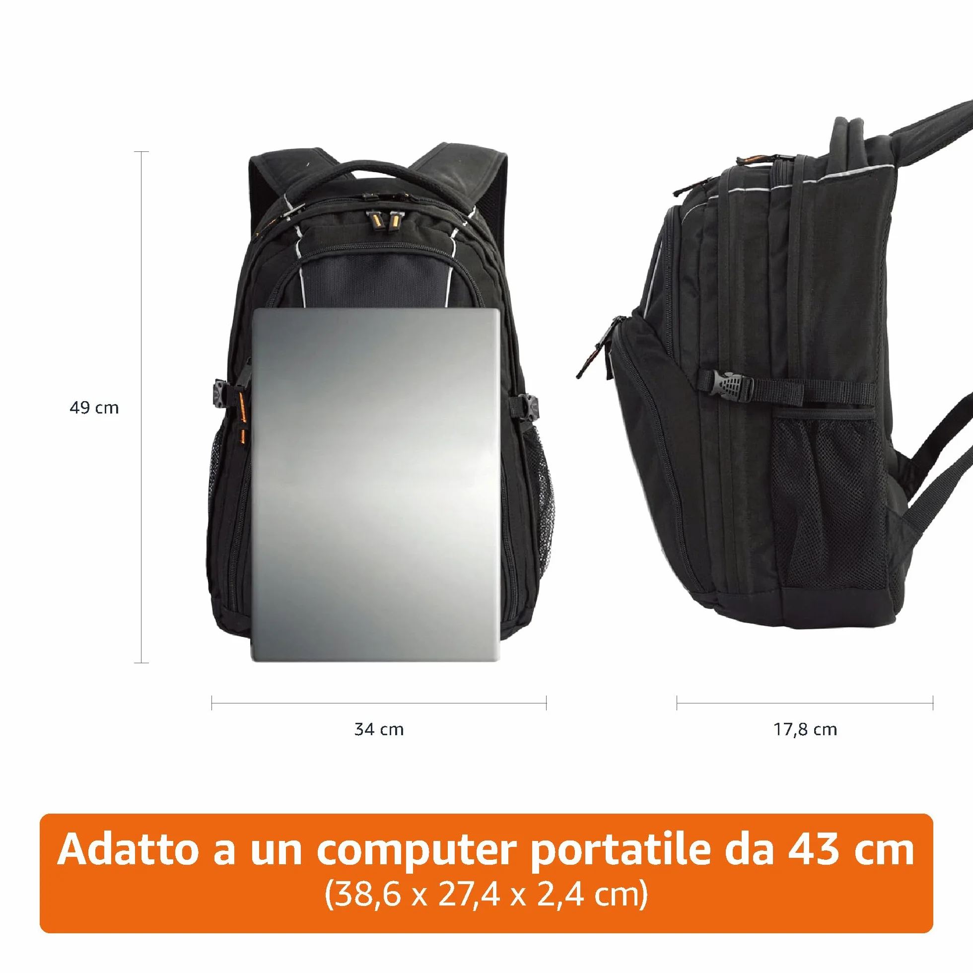 Amazon Basics Zaino per laptop con spallacci imbottiti e scomparti per tenere in ordine penne, chiavi, cellulare, adatto per la maggior parte dei computer da, Nero, 17-Pollici, 43 cm