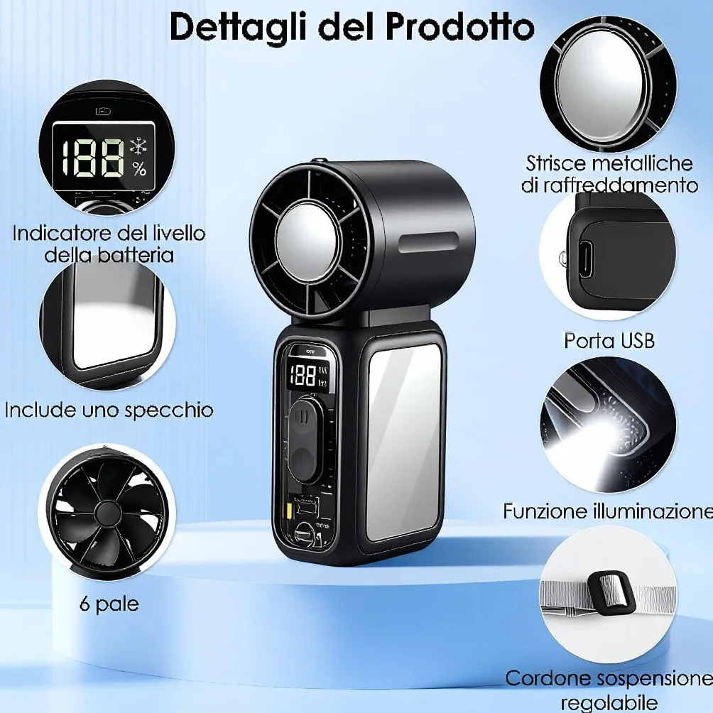 Mini Ventilatore Portatile USB Ricaricabile con Raffreddamento a Ghiaccio & 199 Velocità, Ventilatori Portatili LED - 3600mAh, Potente Ventilatore a Mano 17000 RPM, per Viso, Viaggio, Esterno (Nero)