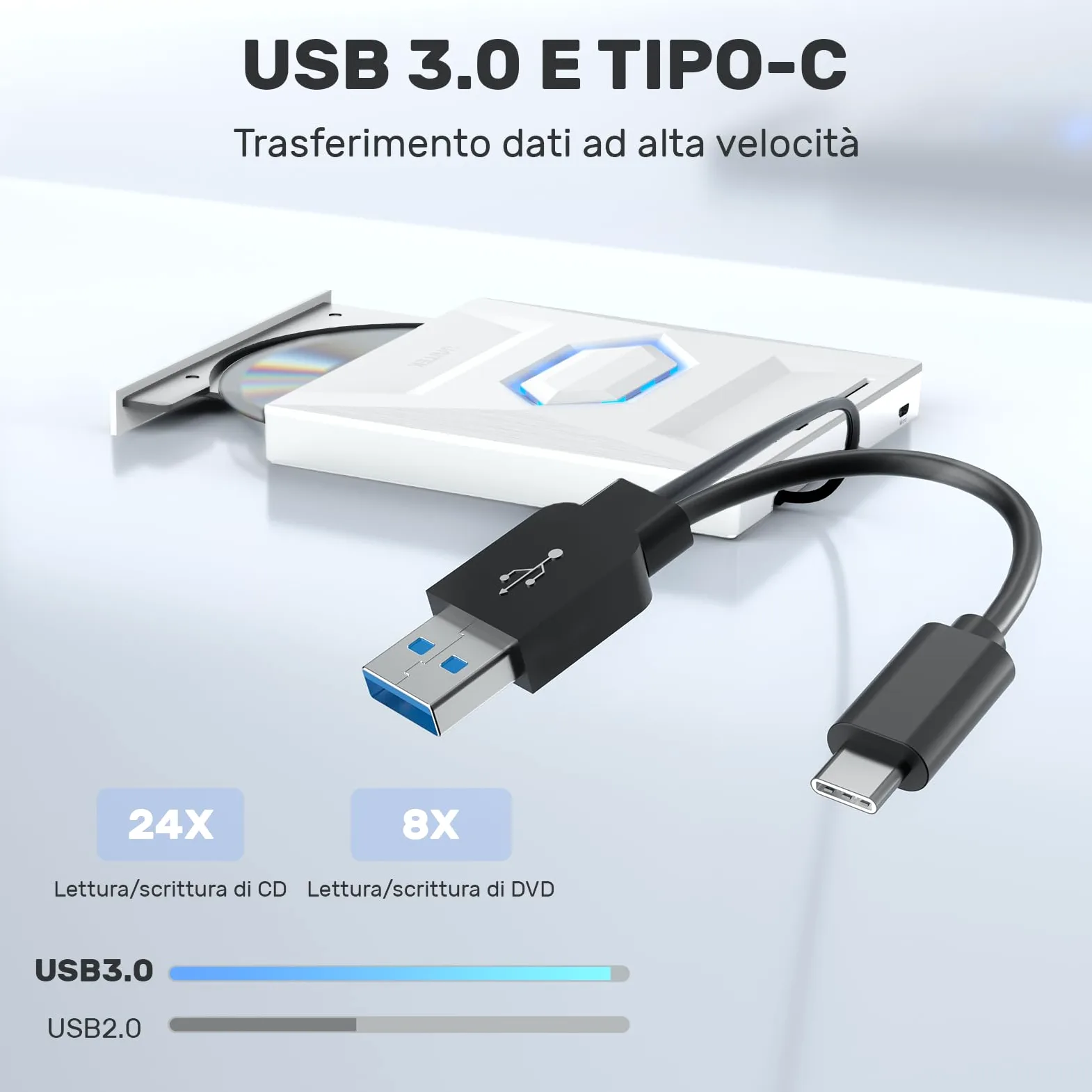 UNITEK Masterizzatore esterno USB 3.0&Type C Unità CD/DVD esterna -/+RW con slot per scheda SD per PC Laptop, Desktop, Portatile, Macbook Pro/Air per Windows 11/10/8.1/7/XP/Vista/Linux/MacOS