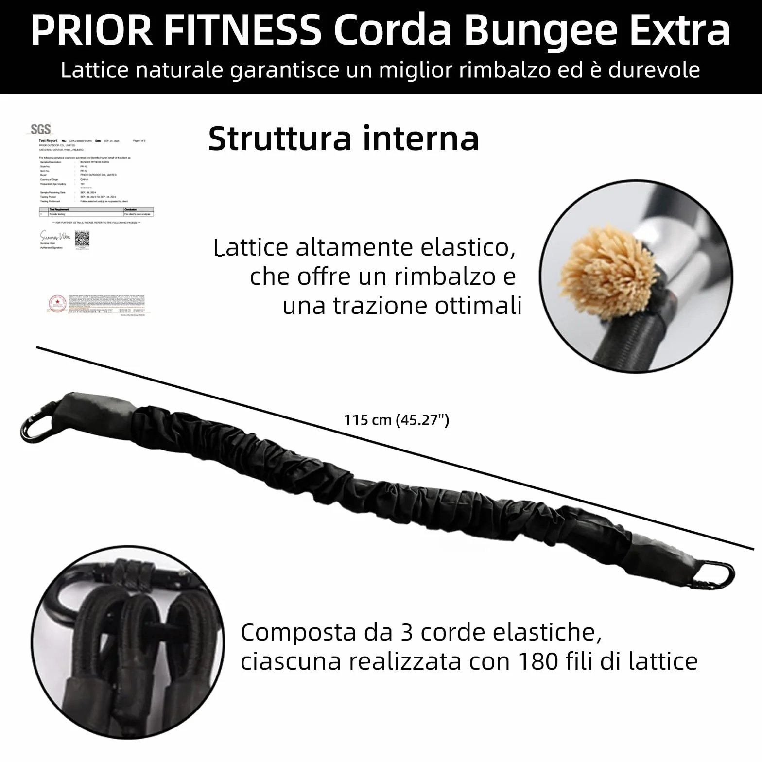 PRIOR FITNESS Cavo Bungee per Yoga Aerea e Bungee Fitness, Fascia Elastica 50-120kg, Lunghezza 1m, Nucleo Lattice Naturale