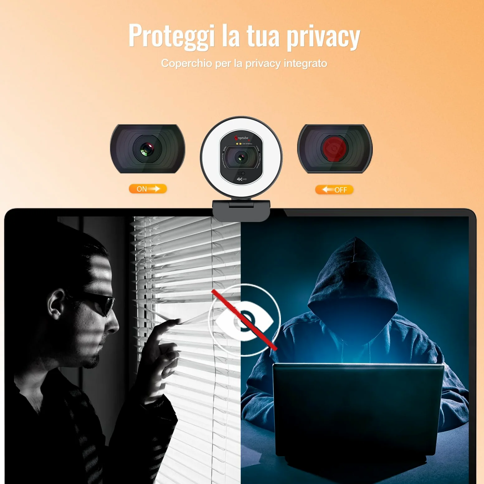Angetube Webcam 4K con Luce – PC Camera con 2 Microfoni e Autofocus TOF | USB Telecamera 1080P & 60FPS per Laptop e Mac,Streaming Camera con Copri-obiettivo Integrato,Compatibile con Zoom e Teams
