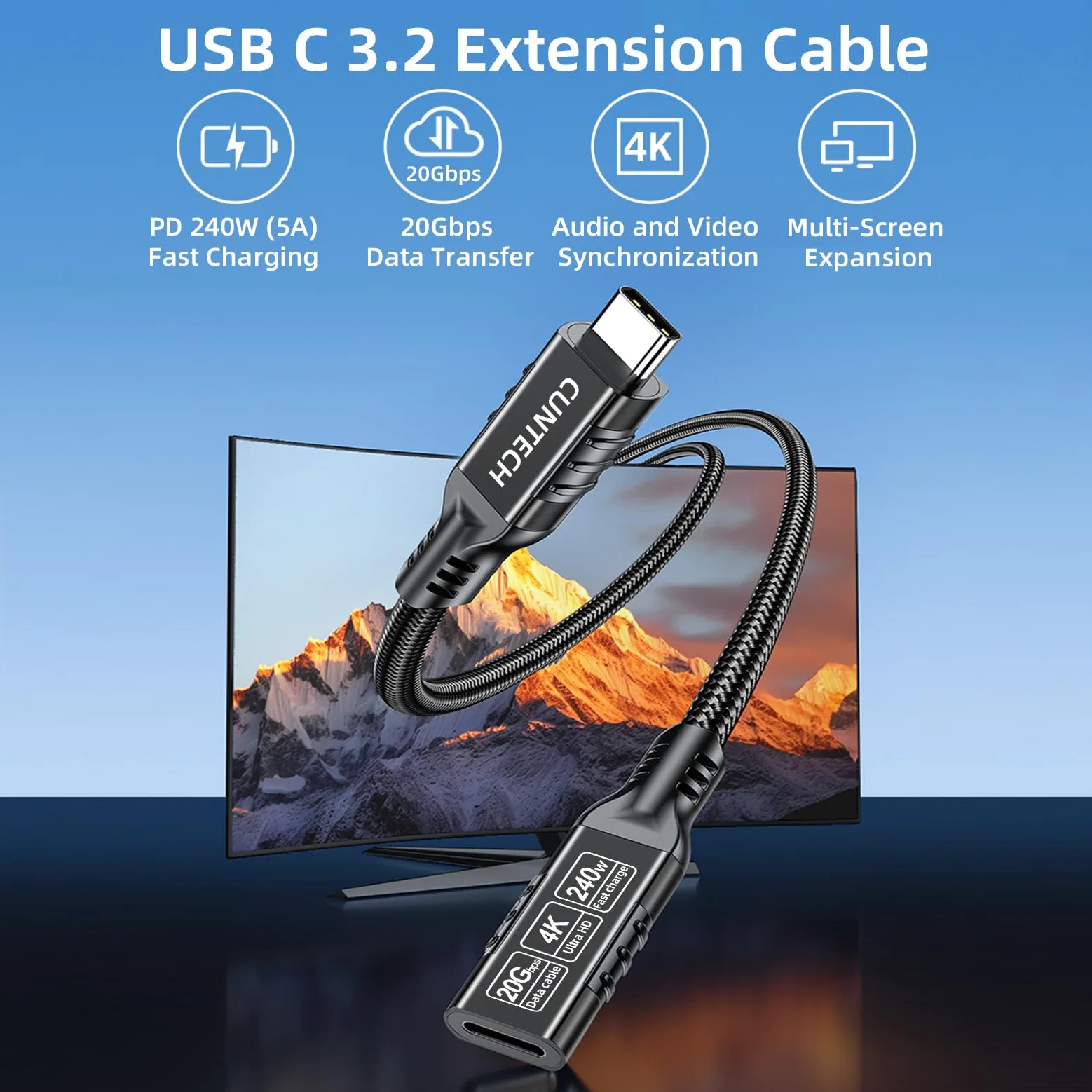 Cavo di prolunga USB C 3.2 da 20 Gbps, confezione da 2, ricarica rapida da 240 W 4K a 60 Hz, trasferimento dati 20 Gbps per Thunderbolt 4/3, per iPhone 15, iPad, Samsung Galaxy S24/S23, telefono,