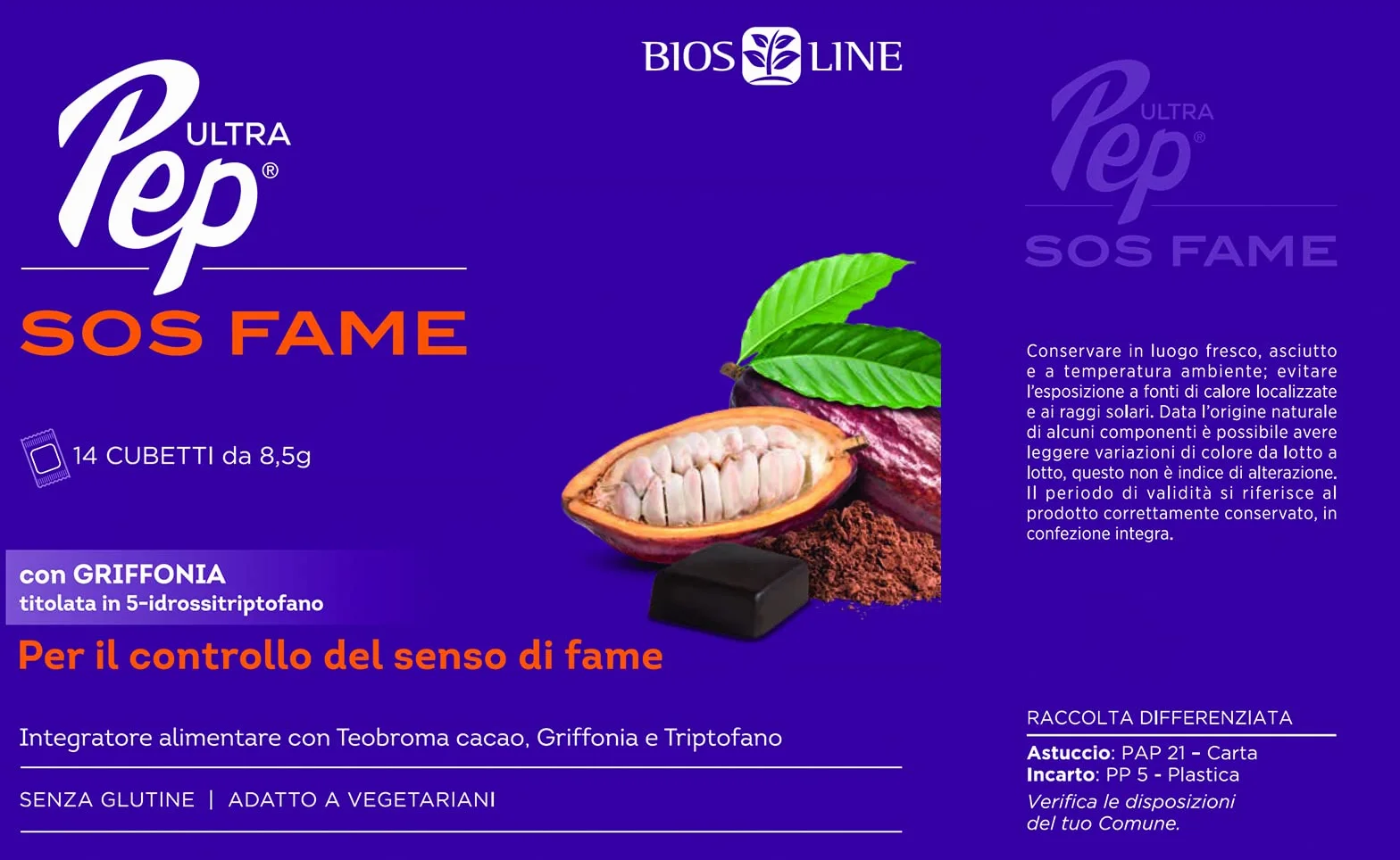 BIOS LINE Ultra Pep SOS FAME Integratore Alimentare Controllo Fame Triptofano Griffonia 14 Cubetti Gusto Cacao