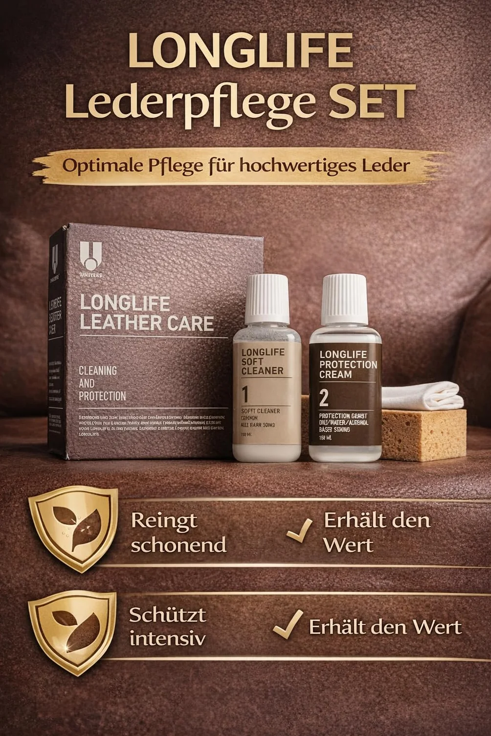 Uniters Longlife Leather Care Set 2 x 150 ml detergente crema protettiva spugna panno per pelle liscia