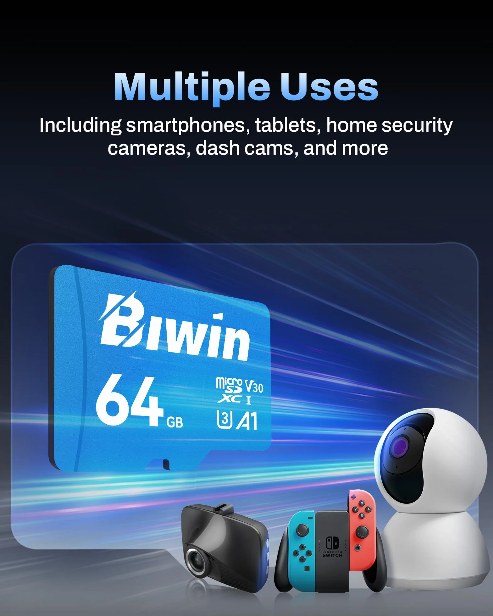 Biwin MS100 MicroSDXC UHS-I scheda di memoria 64 GB – Lettura fino a 160 MB/s – A1 V30 U3 4K UHD video per la registrazione video di smartphone/tablet/fotocamera digitale Canon Sony