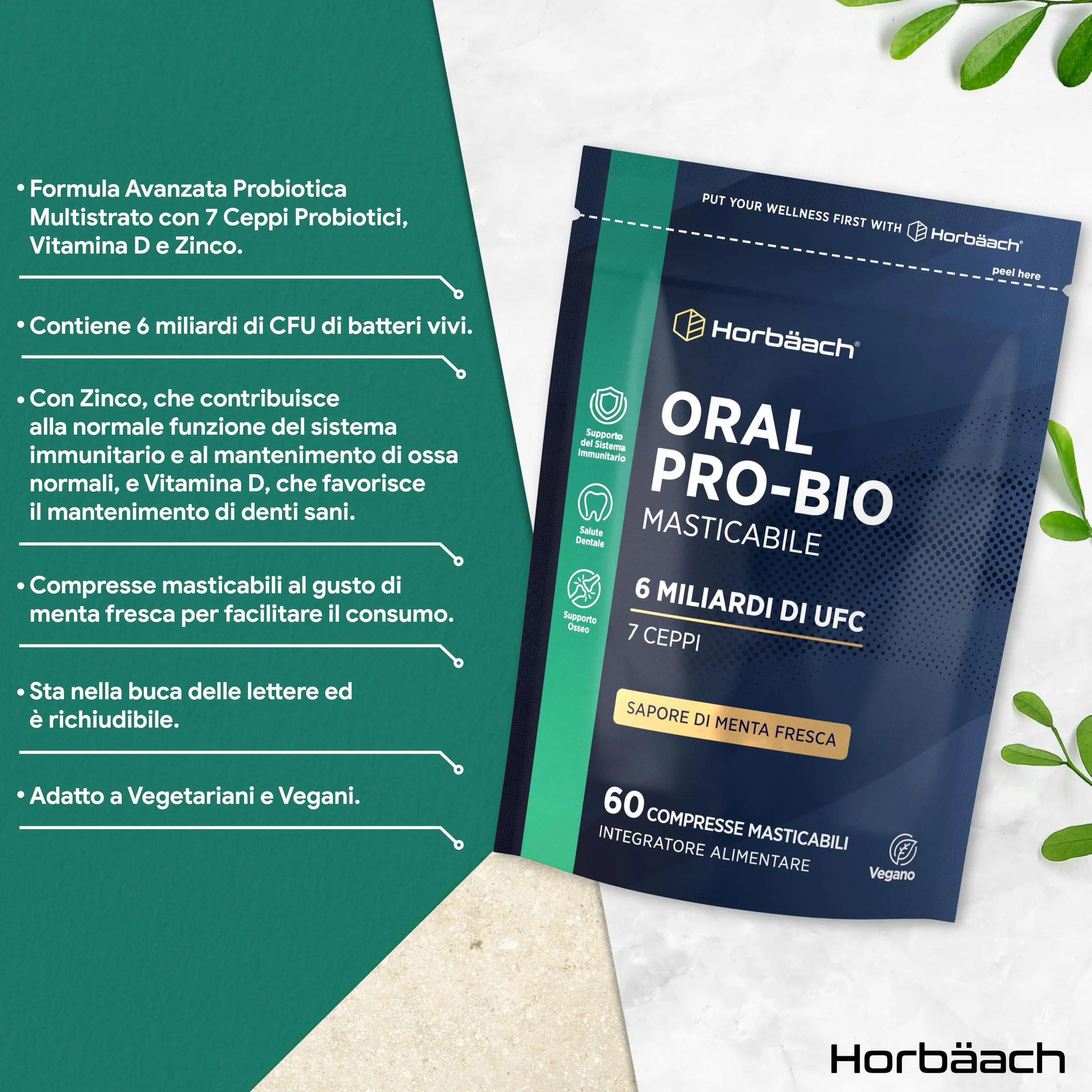 Horbaach Probiotici Orali 60 Compresse Masticabili Vegane Sapore Menta Integratore Alitosi Lactobacillus Acidophilus Reuteri 6 Miliardi CFU
