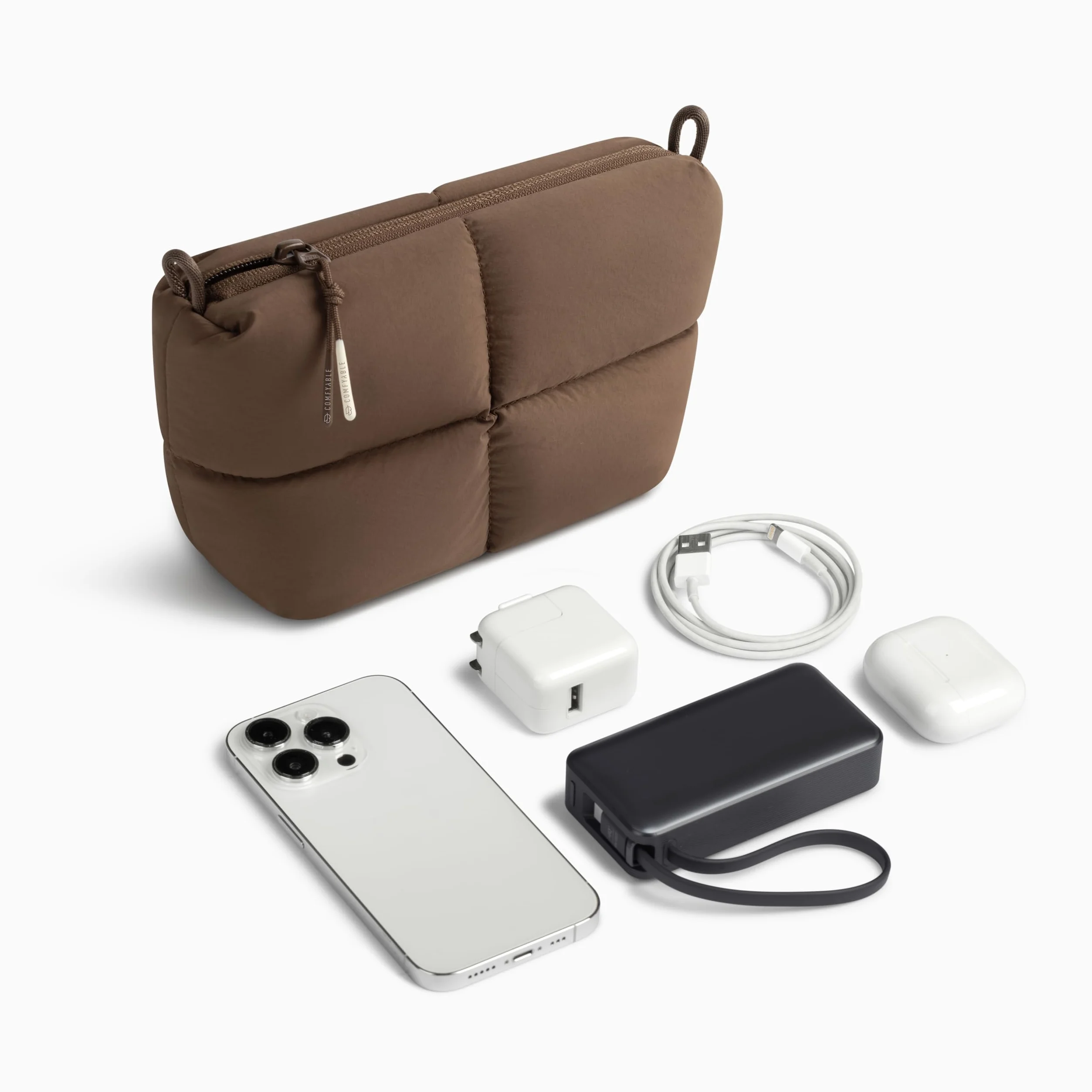 Comfyable Puffy Electronics Organizer da viaggio per donne, uomini, custodia per cavi per caricabatterie, telefono, power bank, cavo, custodia compatta per accessori tecnologici, marrone moka