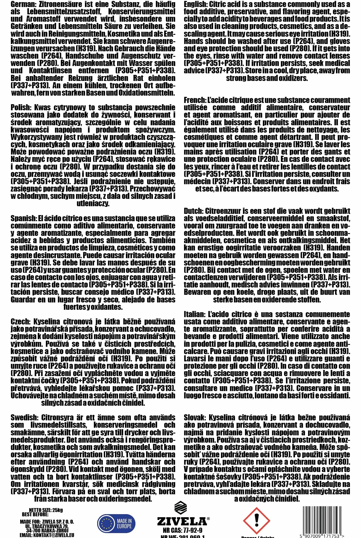 Acido Citrico in Polvere 25 kg Uso Alimentare E330 Puro 100%