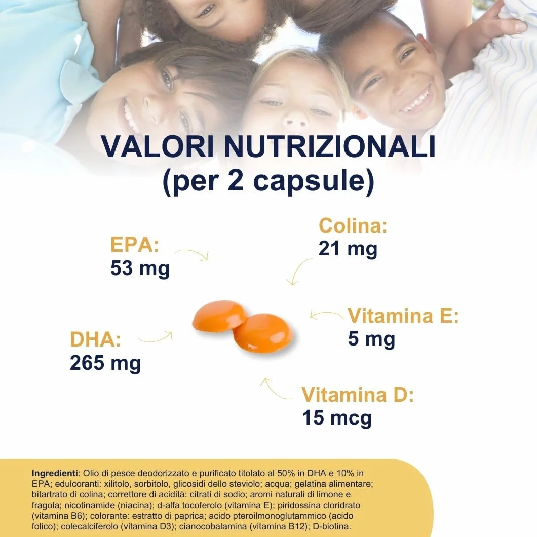 VitaDHA Brain Omega 3 Bambini 3+ Anni IFOS 5 Stelle 30 Jelly Morbide Gusto Fragola e Limone Vitamina D3 e B