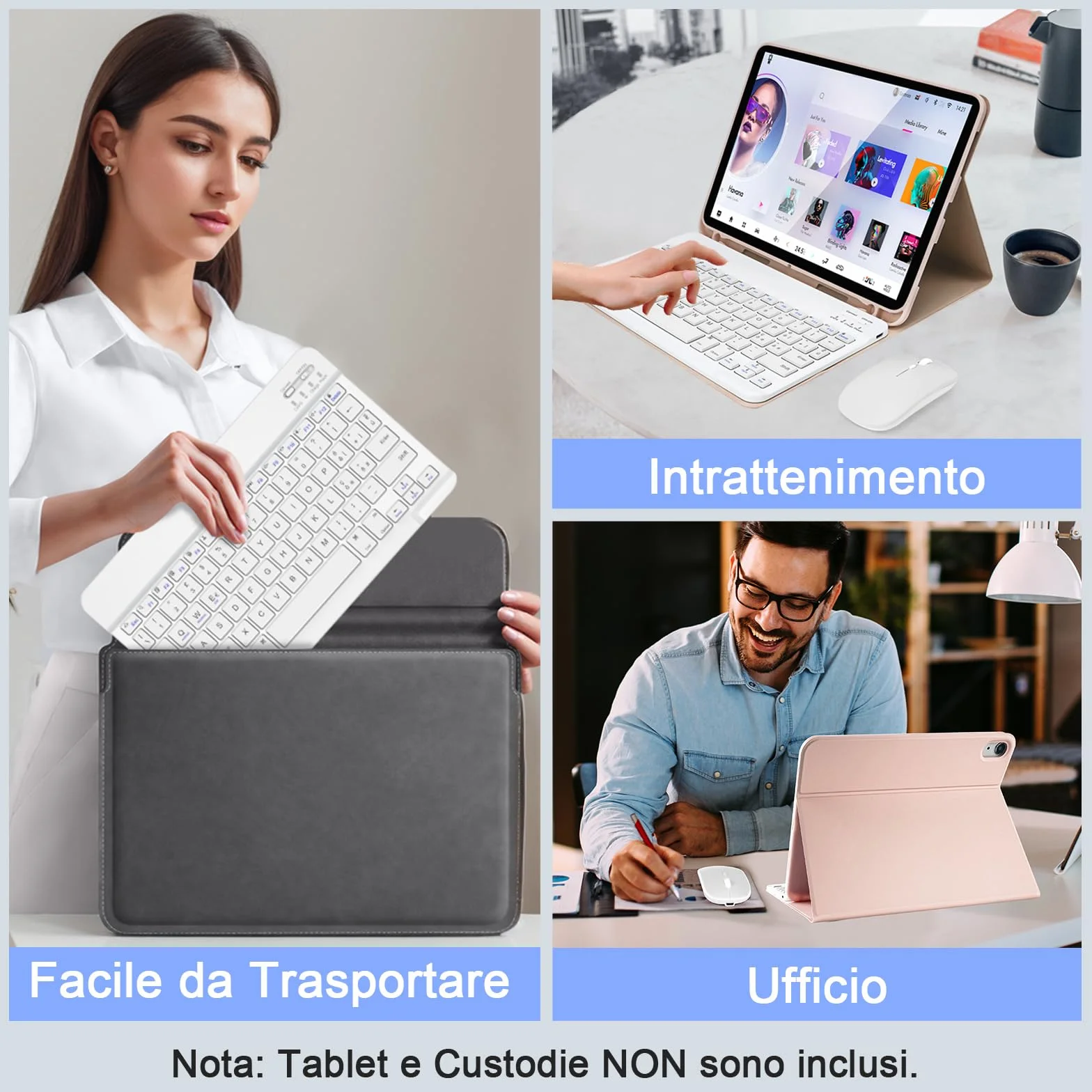 SOPPY Tastiera e Mouse Bluetooth Portatili, Universale Ricaricabile per Tablet, Wireless per iPad/Samsung Tab/Lenovo Tab/iOS/Android/Windows, Layout Italiano (Bianco)