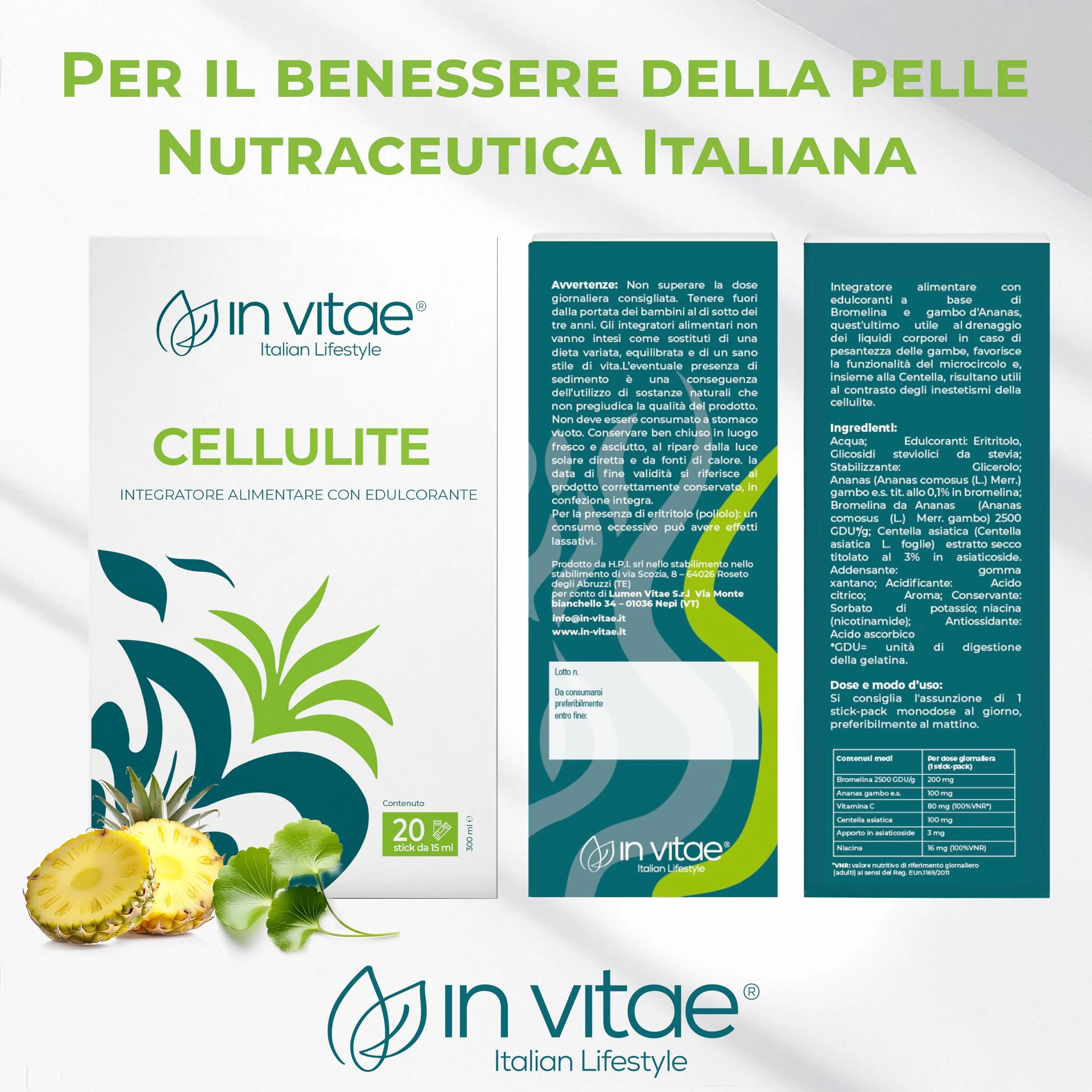IN VITAE Bromelina Forte Drenante Complex Integratore Alimentare con Centella e Vitamina C Supporto Microcircolo Cellulite Stick Gel Gusto Ananas